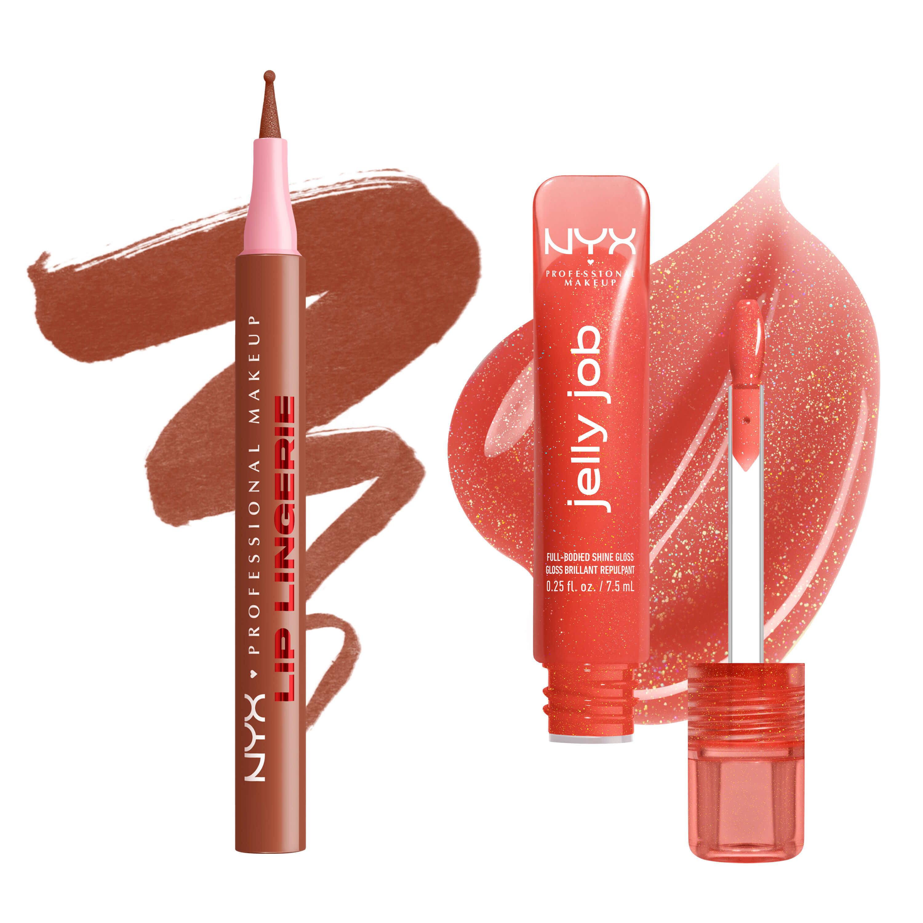 Matita labbra NYX Professional Makeup Lip Lingerie Lip Liner Stain n. 02 Naughty Nude e gloss Jelly Job Full Bodied Shine Gloss n. 12 Jelly Squeeze mostrati con swatch labbra abbinati su sfondo bianco.