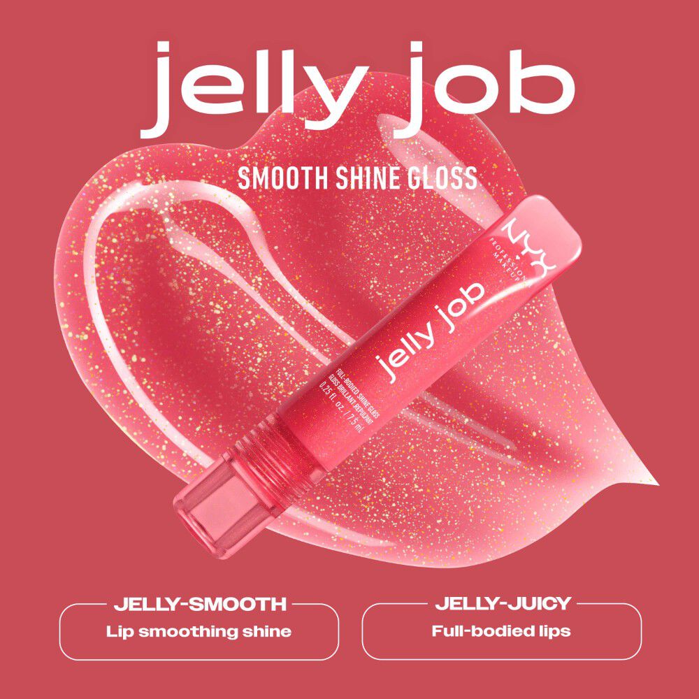 NYX Professional Makeup Jelly Job Full Bodied Shine Gloss nella tonalita 08 Jelly Kiss’d mostrato con i benefici di lucentezza levigata e labbra effetto jelly morbido e succoso.
