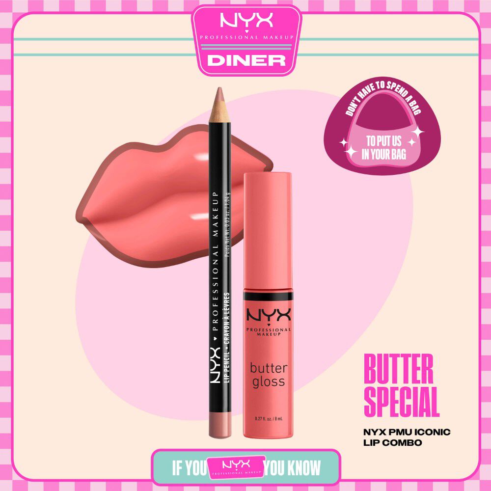 NYX Professional Makeup Slim Lip Pencil nella tonalita 858 Nude Pink e Butter Gloss nella tonalita 05 Creme Brulee mostrati in un packshot stilizzato con labbra rosa e packaging del prodotto.