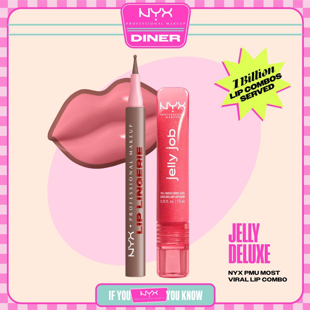 NYX Professional Makeup Lip Lingerie Lip Liner Stain nella tonalita 05 Lip Lock e Jelly Job Full Bodied Shine Gloss nella tonalita 08 Jelly Kiss’d mostrati in un packshot stilizzato con labbra rosa e packaging del prodotto.