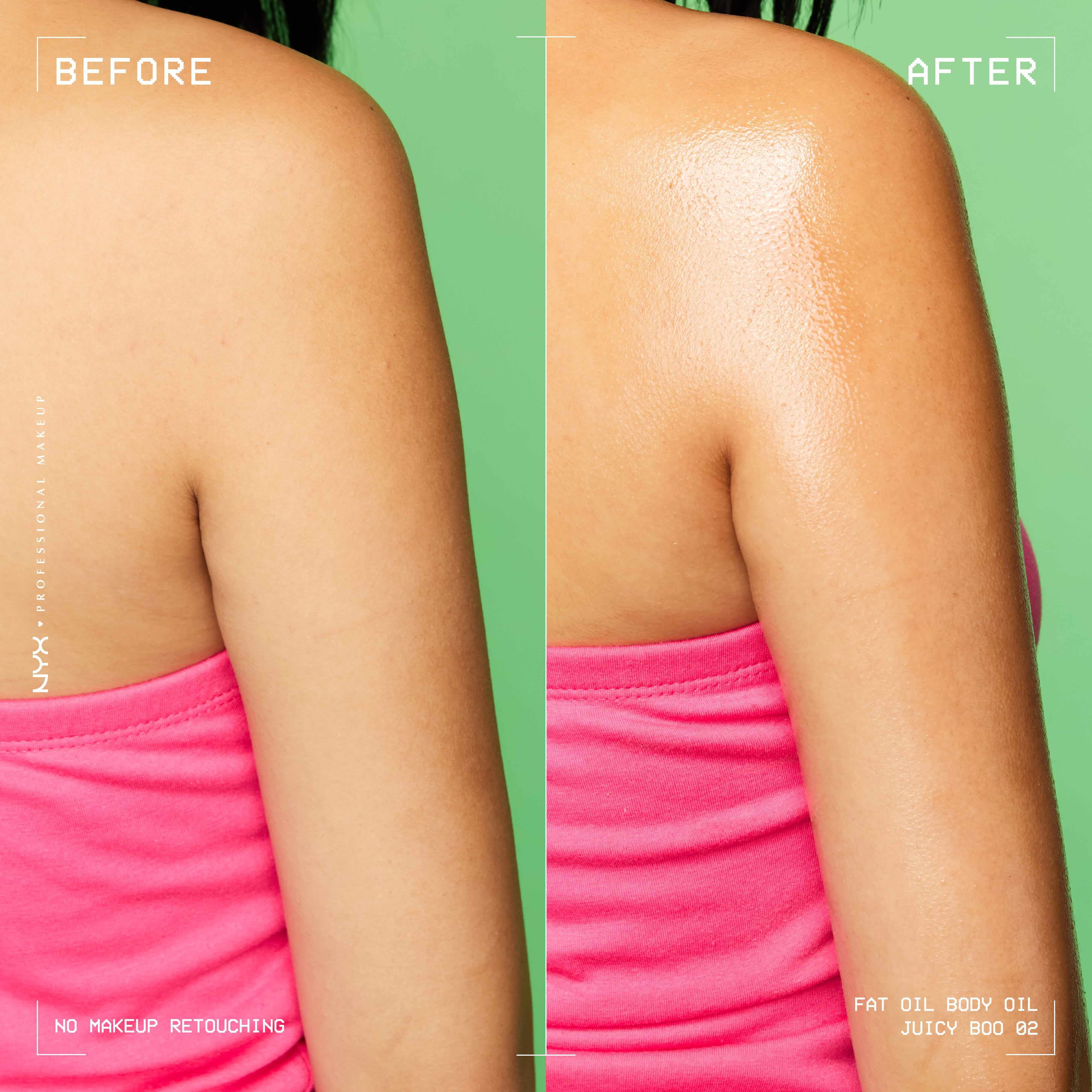 Confronto prima e dopo sulla parte superiore del braccio con l'olio corpo NYX Professional Makeup Fat Oil (Juicy Boo); mostra una pelle piu liscia, radiosa e luminosa dopo l'applicazione.
