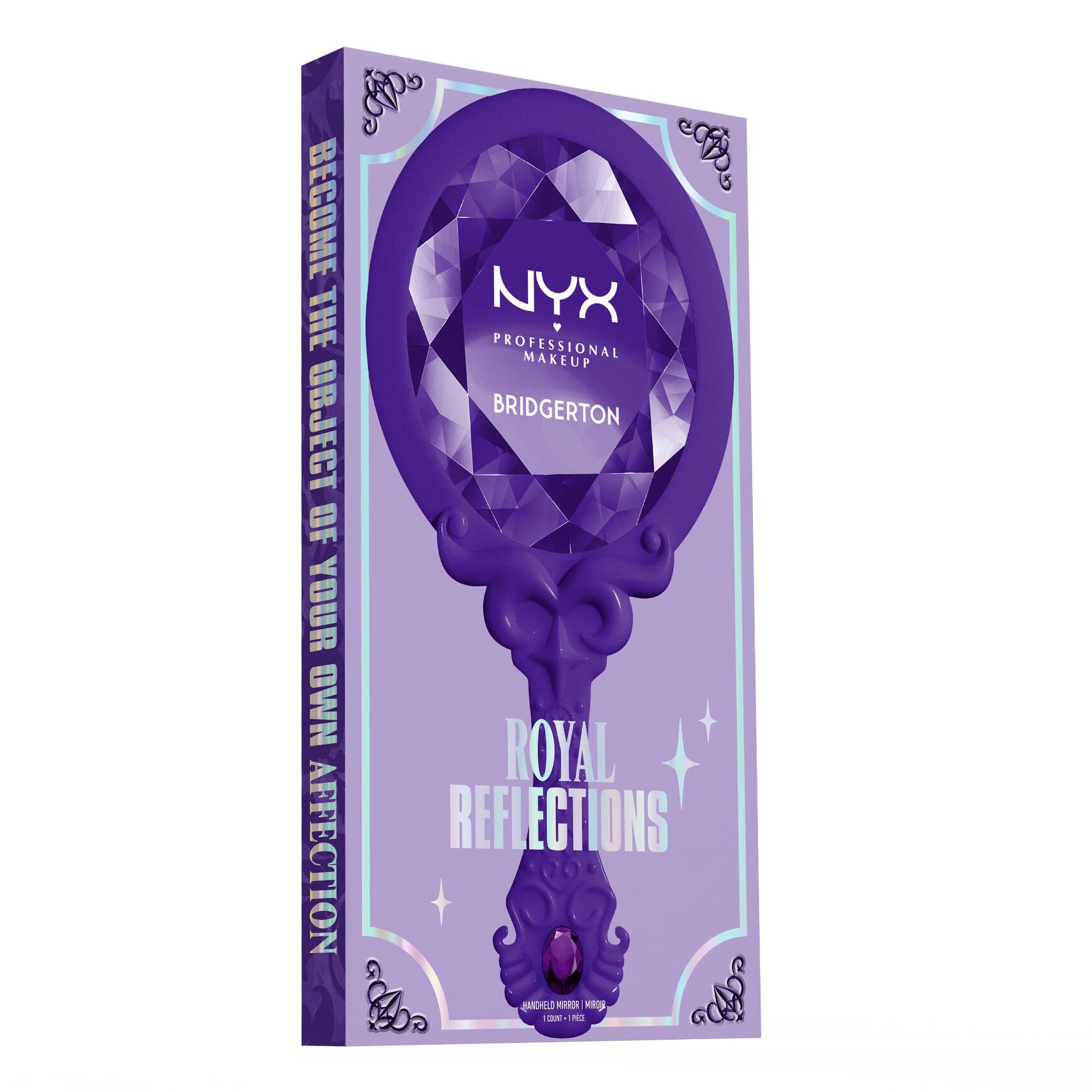 Confezione esterna del NYX Professional Makeup Bridgerton Royal Reflections Handheld Mirror mostrata angolata, con design viola e nome del prodotto su uno sfondo bianco.