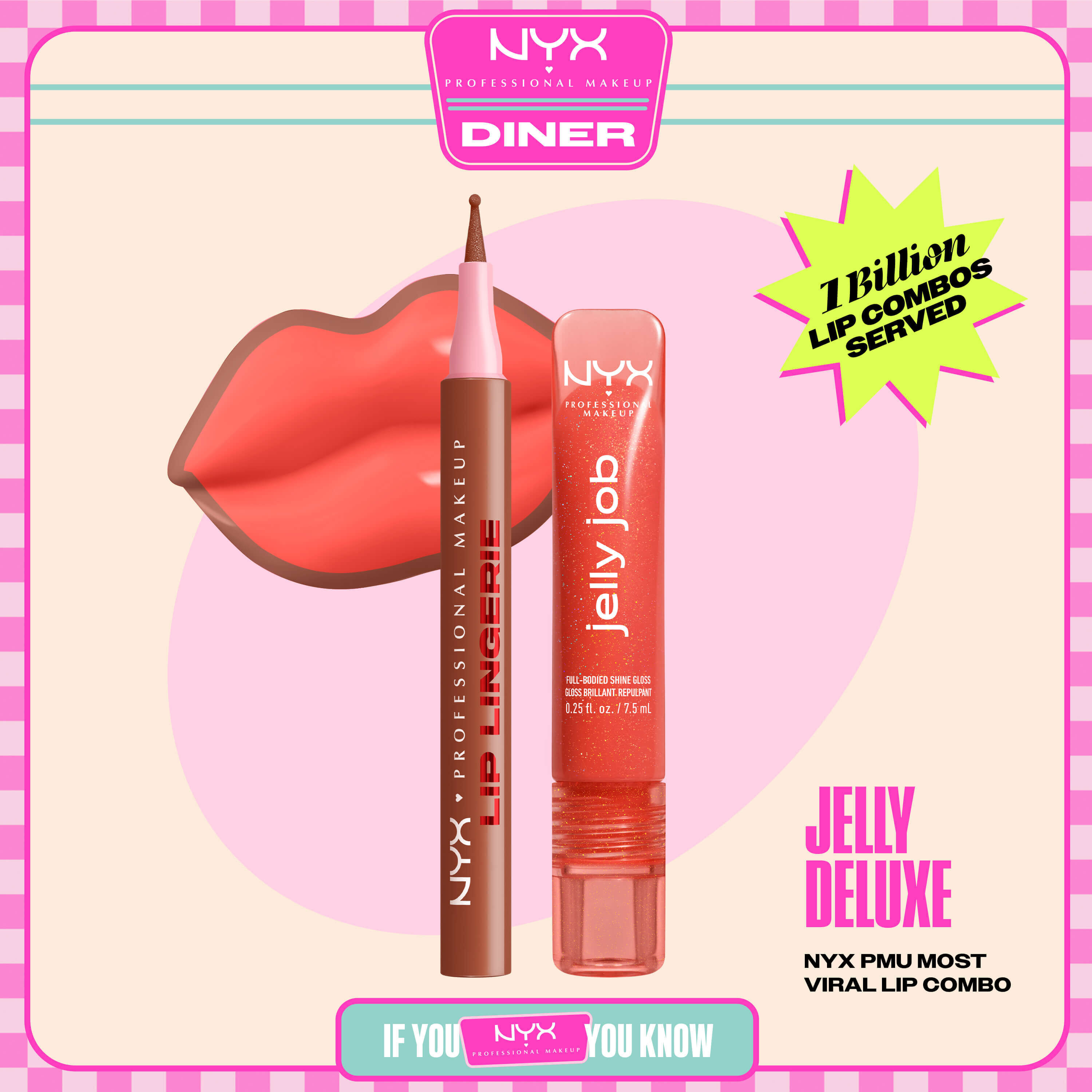 Matita labbra NYX Professional Makeup Lip Lingerie Lip Liner Stain n. 02 Naughty Nude e gloss Jelly Job Full Bodied Shine Gloss n. 12 Jelly Squeeze mostrati in uno scatto stilizzato (packshot) con grafica labbra e confezione del prodotto.