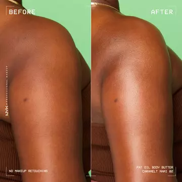 Burro corpo NYX Professional Makeup Caramelt Mami in un vasetto arancione, con una spirale di caramello e una caramella mou; l'etichetta indica la fragranza al caramello e pistacchio, il tutto su sfondo viola.
