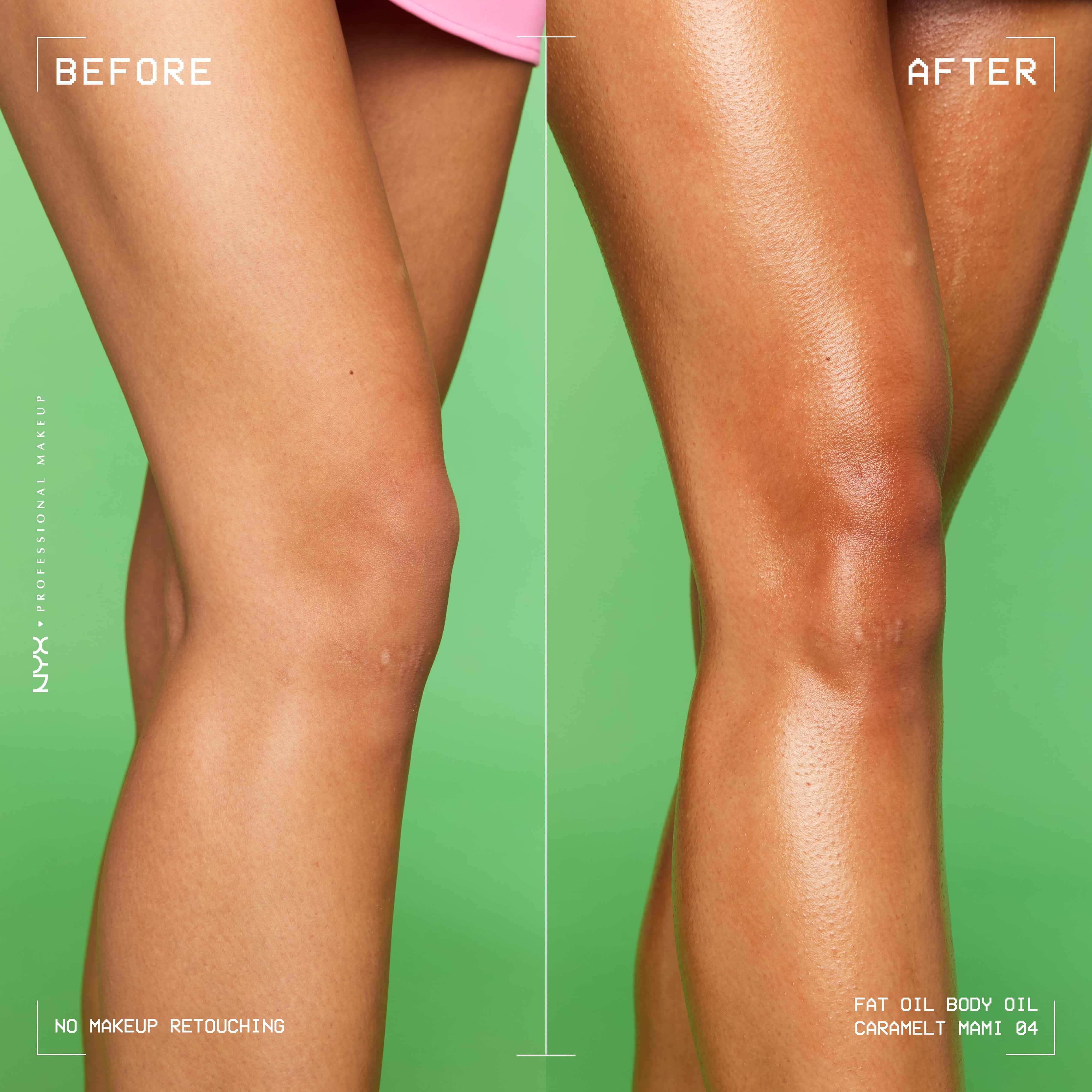 Primo piano prima e dopo delle gambe, che mostra un finish piu ambrato e lucido dopo l'applicazione dell'olio corpo NYX Professional Makeup Fat Oil (Caramelt Mami). Il testo specifica l'assenza di fotoritocco sul makeup.