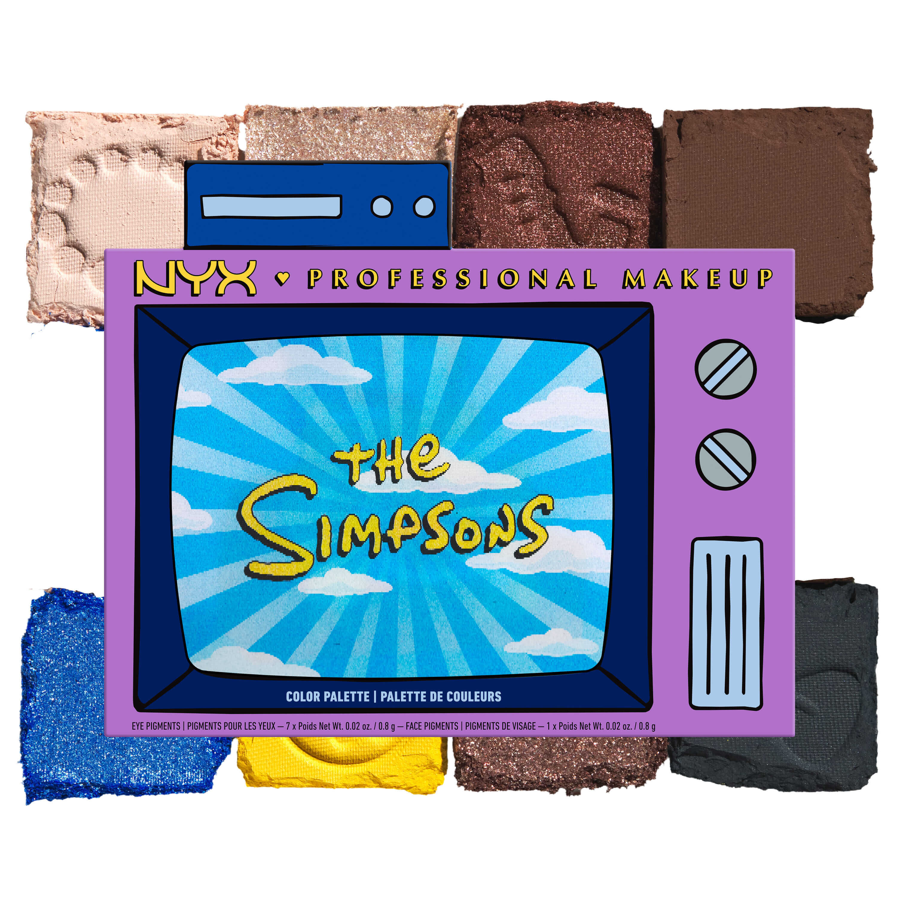 Packshot della palette di ombretti NYX The Simpsons Family Color Palette con swatch nei toni blu, giallo, marrone e viola su sfondo bianco.
