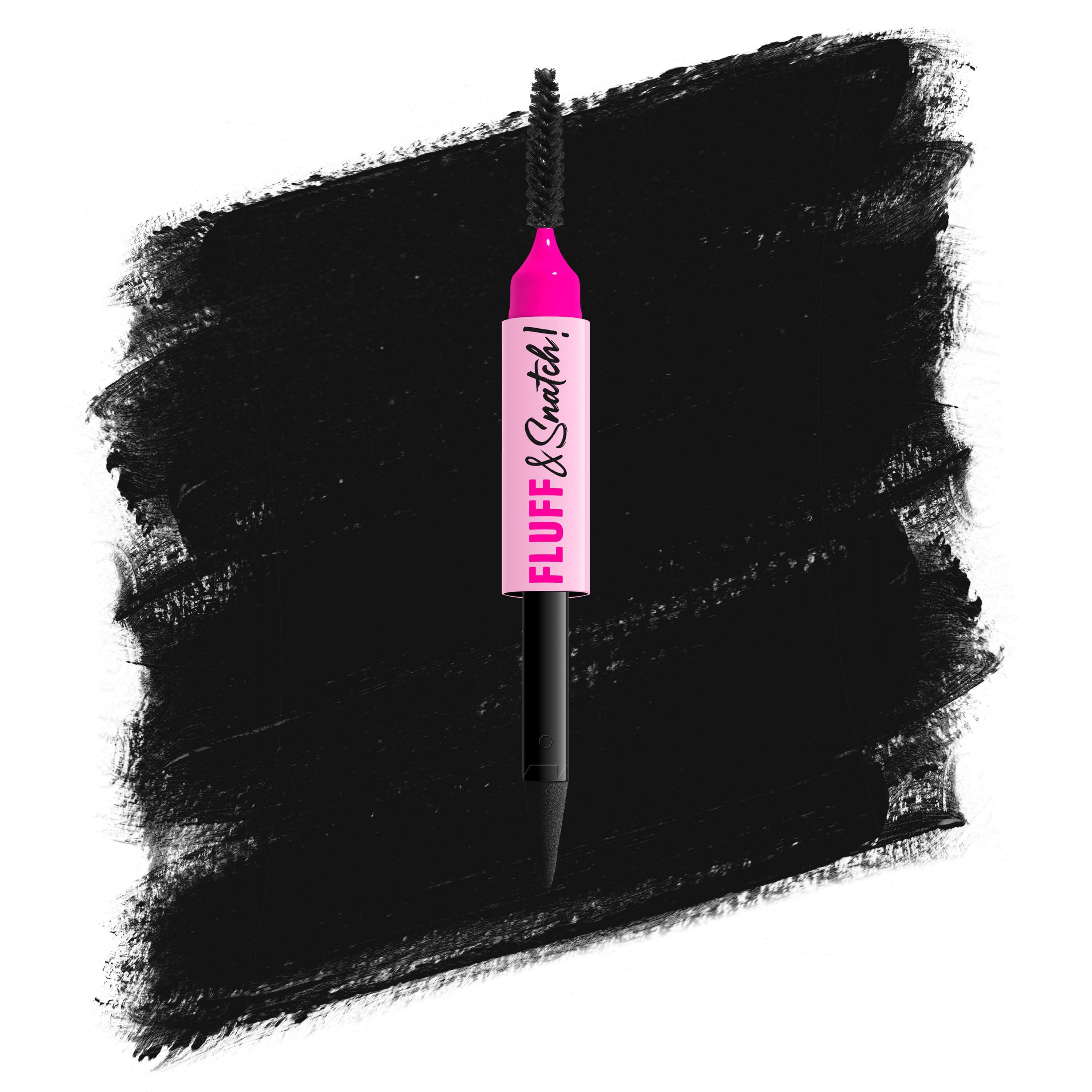 Packshot della penna per sopracciglia in polvere NYX Fluff and Snatch con swatch su sfondo bianco nella tonalita 08 Black