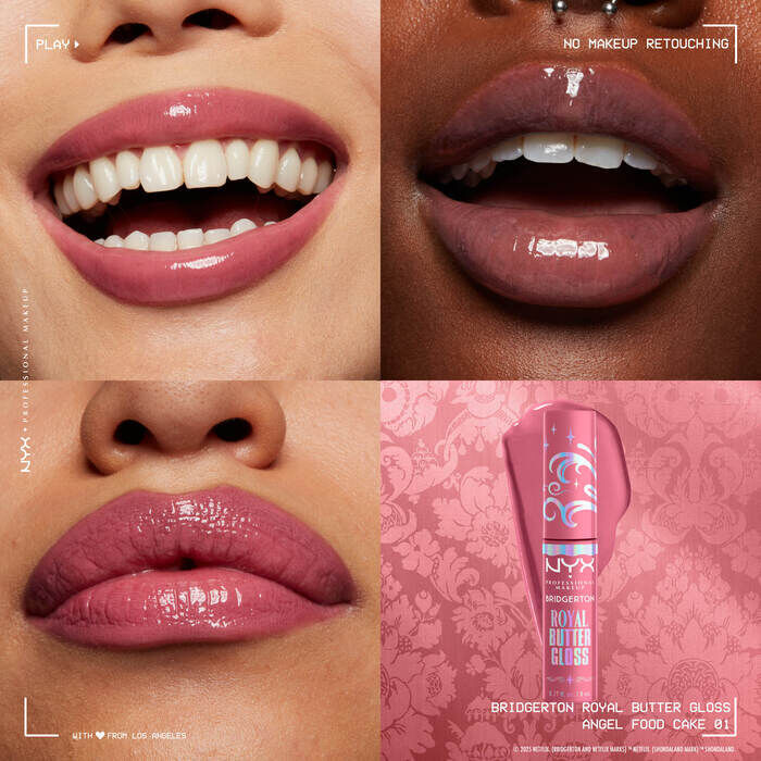 Quattro primi piani di labbra di modelle che mostrano i NYX PMU Bridgerton Royal Butter Gloss in varie tonalita e su incarnati diversi, esaltando il finish lucido e idratante. Piccola immagine del tubetto gloss nella tonalita 01 Angel Food Cake.