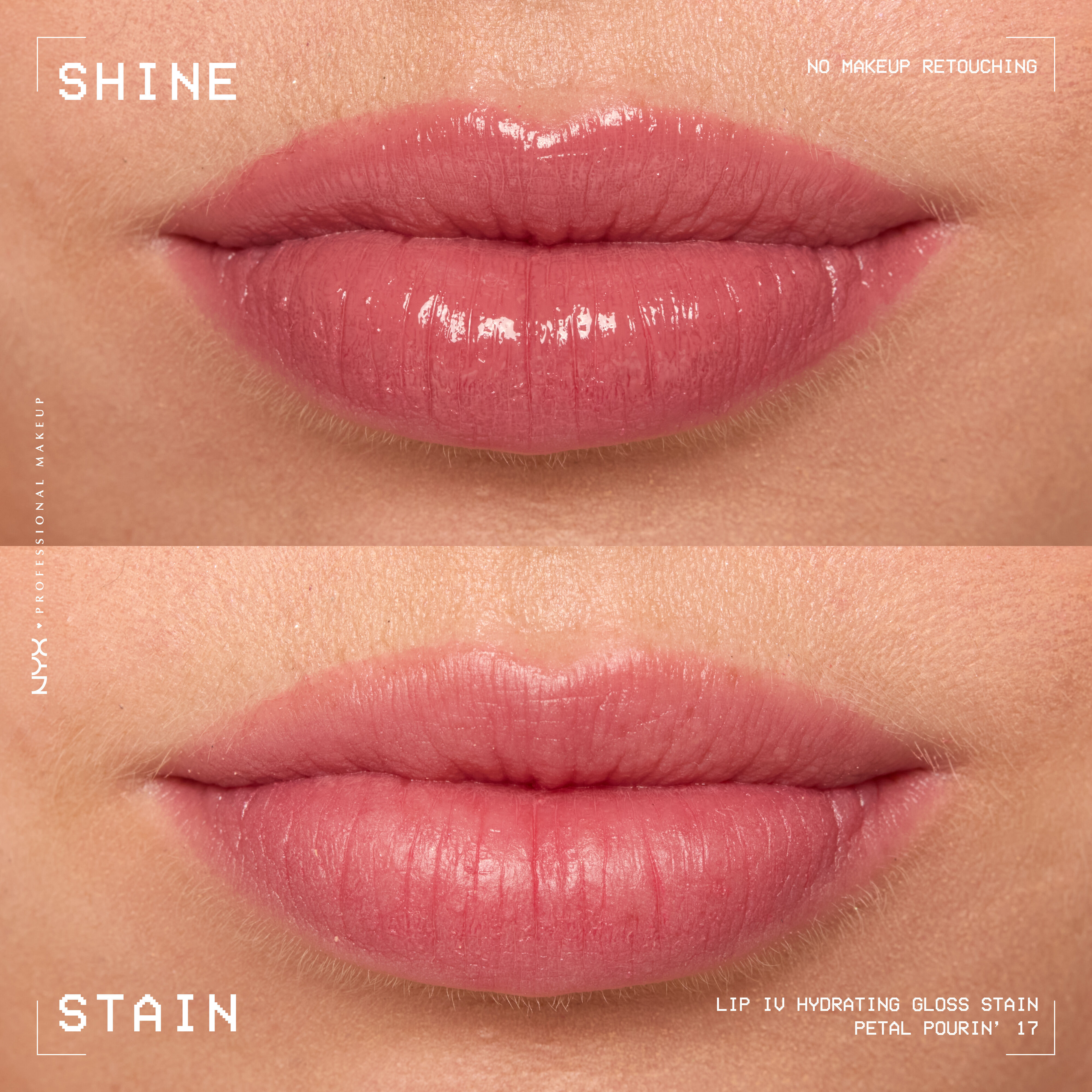 Confronto prima e dopo delle labbra con e senza la tinta labbra NYX Professional Makeup Lip IV Hydrating Gloss Stain nella tonalita 17 Petal Pourin'.