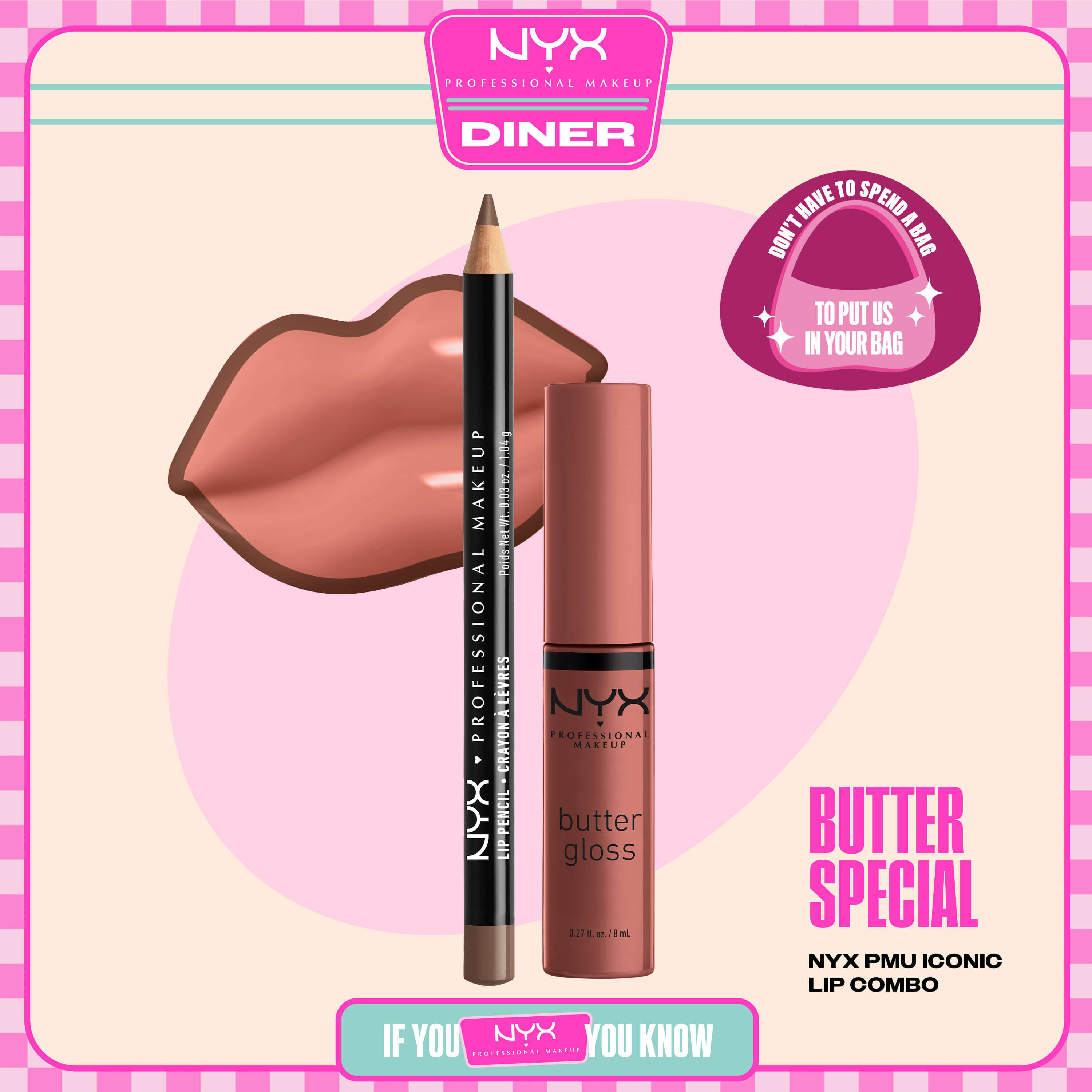 NYX Professional Makeup Slim Lip Pencil nella tonalita 820 Espresso e Butter Gloss nella tonalita 16 Praline mostrati in un packshot stilizzato con grafica di labbra e packaging del prodotto.
