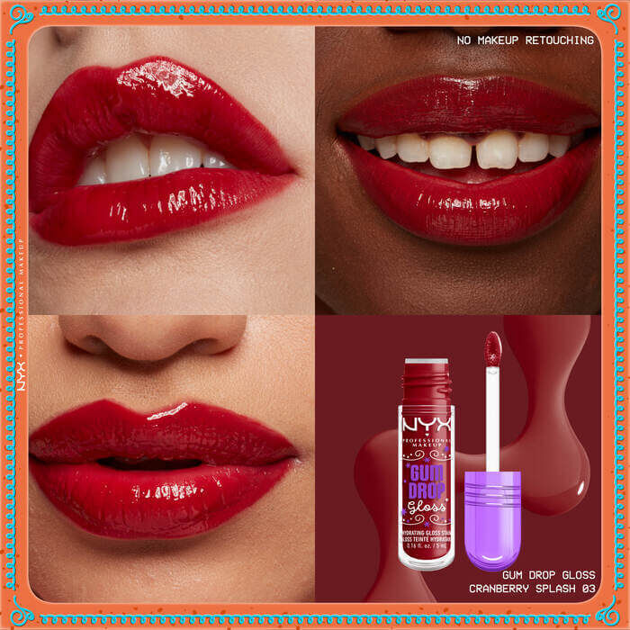 Griglia di labbra che indossano tre tonalita di gloss e tinta, con finish lucido su diverse carnagioni, insieme al prodotto NYX Professional Makeup Gum Drop Lip I.V. posizionato sopra uno swatch testurizzato e il codice colore esadecimale nella tonalita 03 Cranberry Splash.