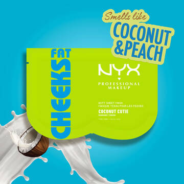 Maschera in tessuto per i glutei NYX Professional Makeup Fat Cheeks (Coconut Cutie) su sfondo blu con uno schizzo di cocco. Il testo indica la fragranza al cocco e pesca.