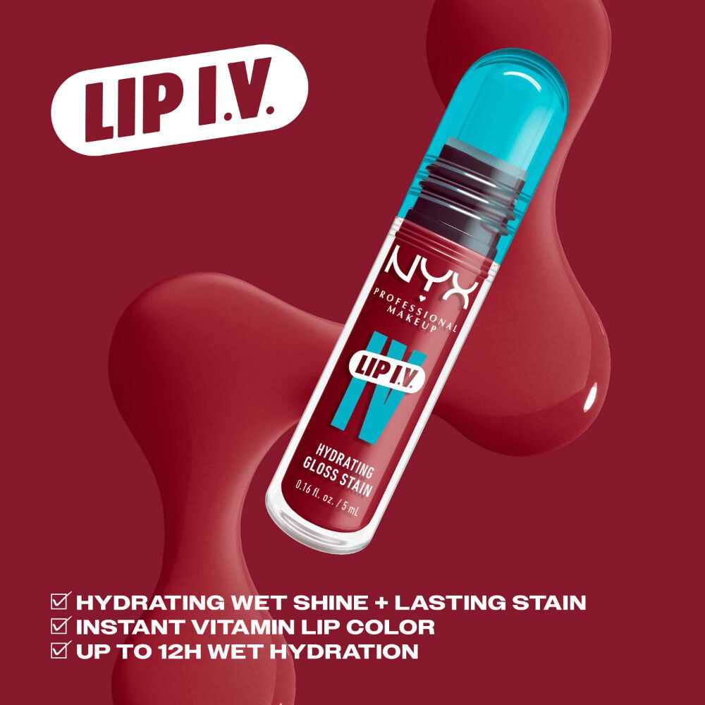 NYX Professional Makeup Lip I.V. Hydrating Lip Gloss Stain mostrato con benefici di lucentezza effetto bagnato e idratante, colore a lunga tenuta e fino a 12 ore di idratazione.