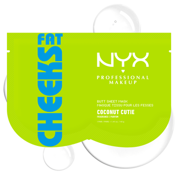 Maschera in tessuto per i glutei NYX Professional Makeup Fat Cheeks (Coconut Cutie) mostrata nel suo packaging verde acceso con i due inserti in tessuto stampato posizionati sotto.