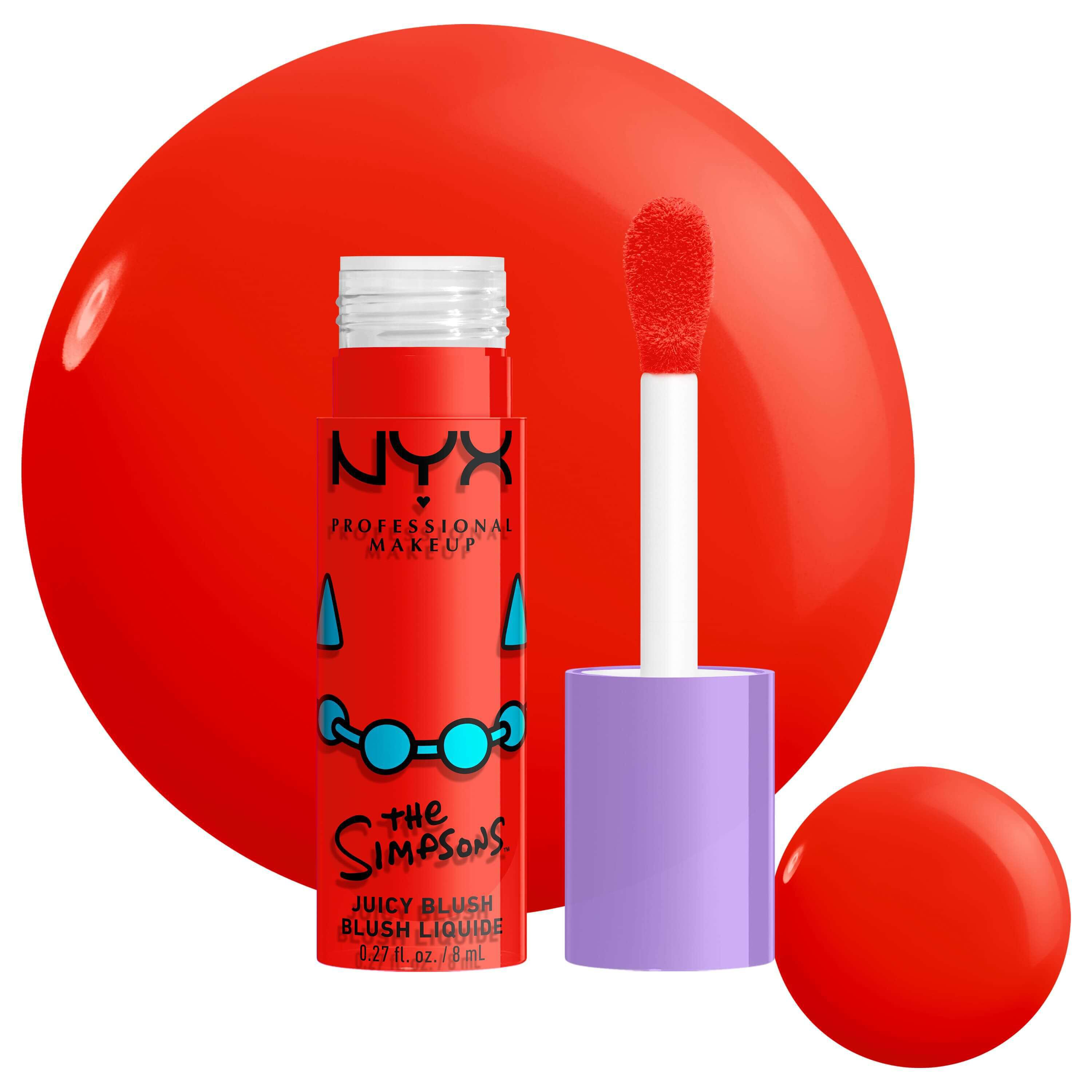 Packshot del blush NYX Professional Makeup The Simpsons Fat Blush con swatch e packaging del prodotto su sfondo bianco, tonalita 01 Snarky Scarlet.