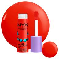 Packshot del blush NYX Professional Makeup The Simpsons Fat Blush con swatch e packaging del prodotto su sfondo bianco, tonalita 01 Snarky Scarlet.