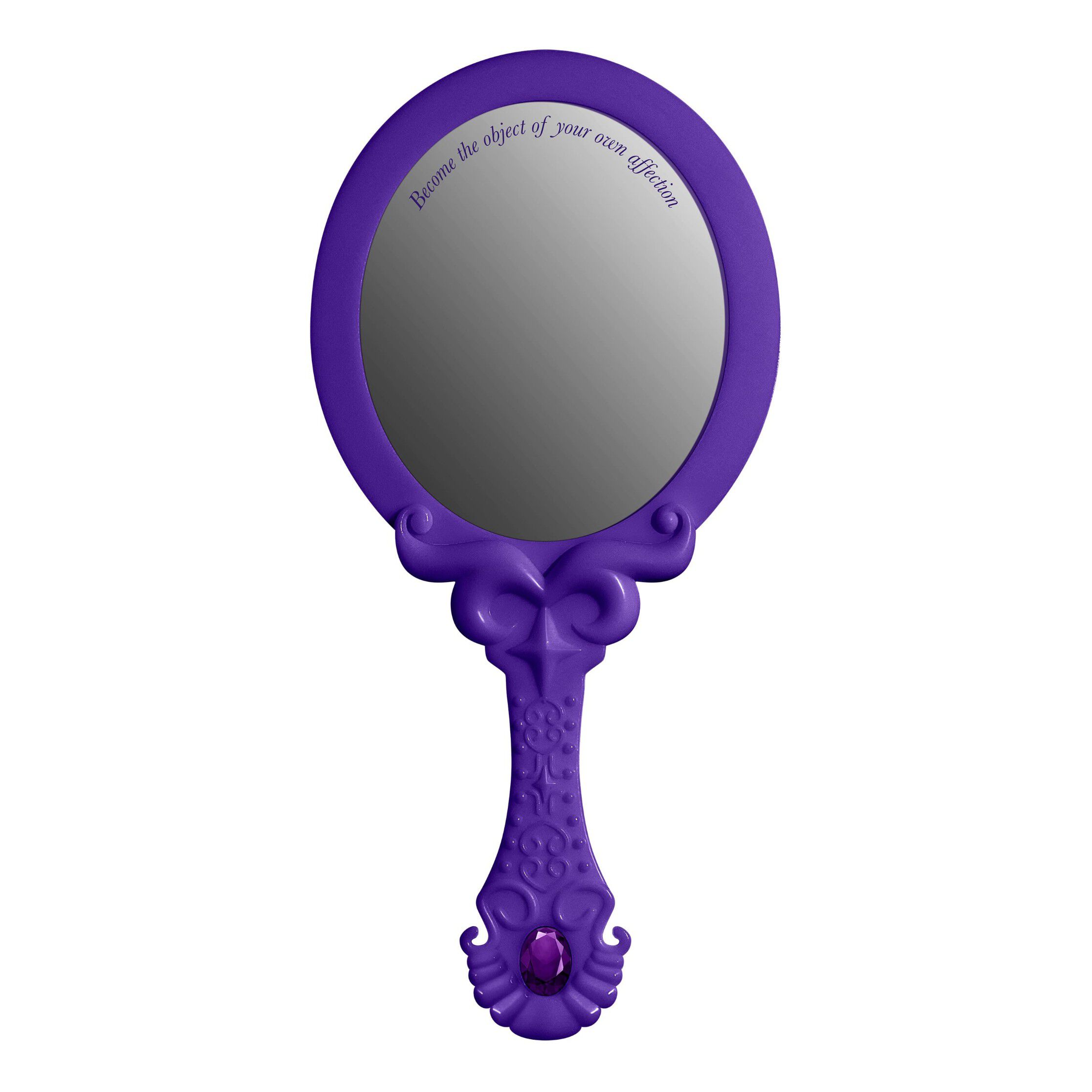 Vista frontale del NYX Professional Makeup Bridgerton Royal Reflections Handheld Mirror, che mostra la superficie riflettente e il manico viola decorato su uno sfondo bianco.