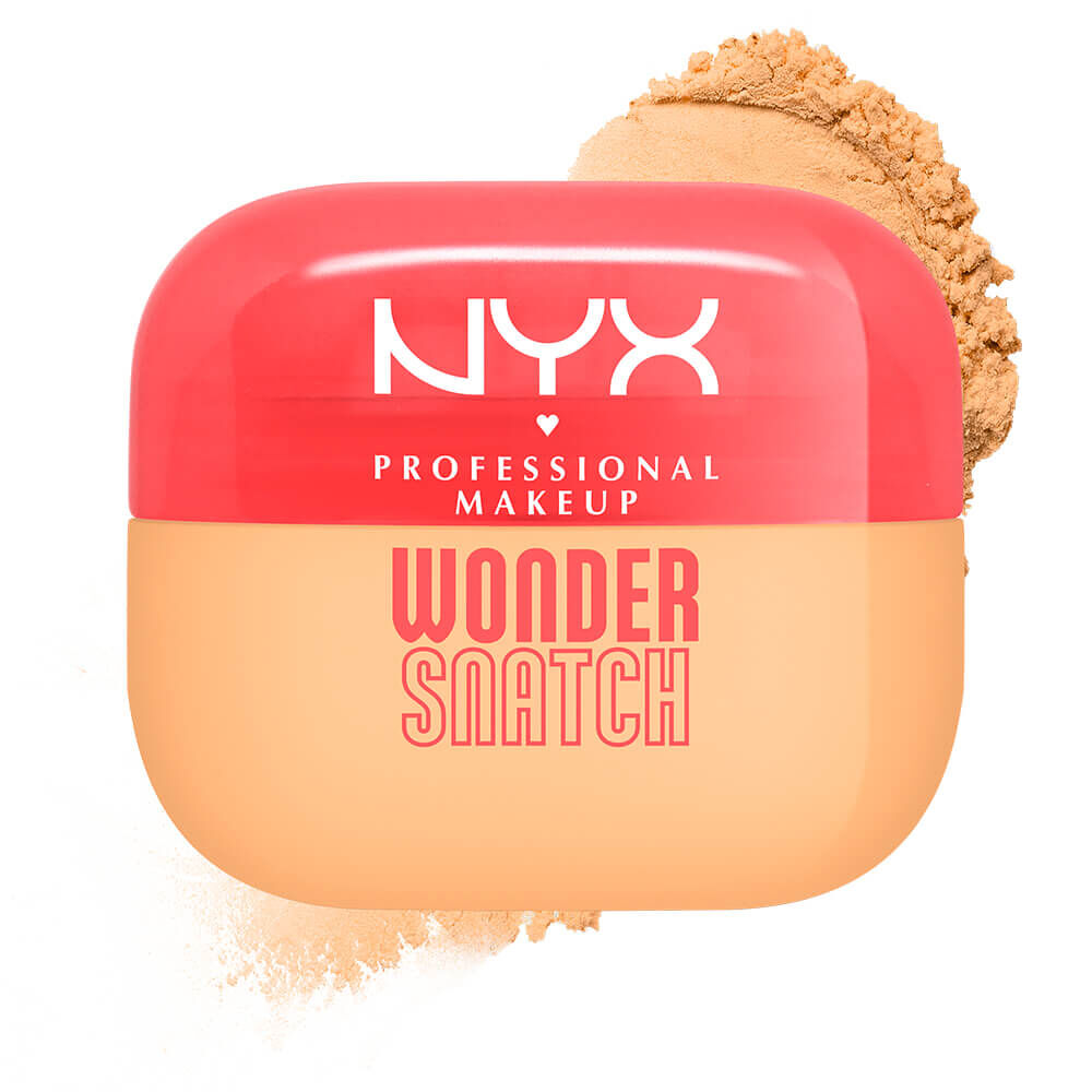 Confezione di cipria in polvere libera NYX Professional Makeup Wonder Snatch, con tappo rosso corallo e base beige, circondata da polvere chiara.