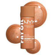 Olio corpo NYX Professional Makeup Fat Oil nella variante Coconut Cutie, mostrato in un flacone bronzo con campioni di texture bronzo scintillante su sfondo chiaro.