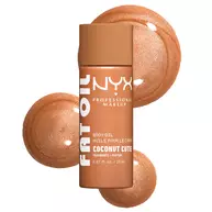 Olio corpo NYX Professional Makeup Fat Oil nella variante Coconut Cutie, mostrato in un flacone bronzo con campioni di texture bronzo scintillante su sfondo chiaro.