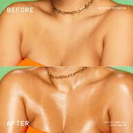 Confronto prima e dopo su clavicole e decollete con l'olio corpo NYX Professional Makeup Fat Oil (Juicy Boo); mostra un finish della pelle piu radioso, luminoso e brillante dopo l'applicazione.
