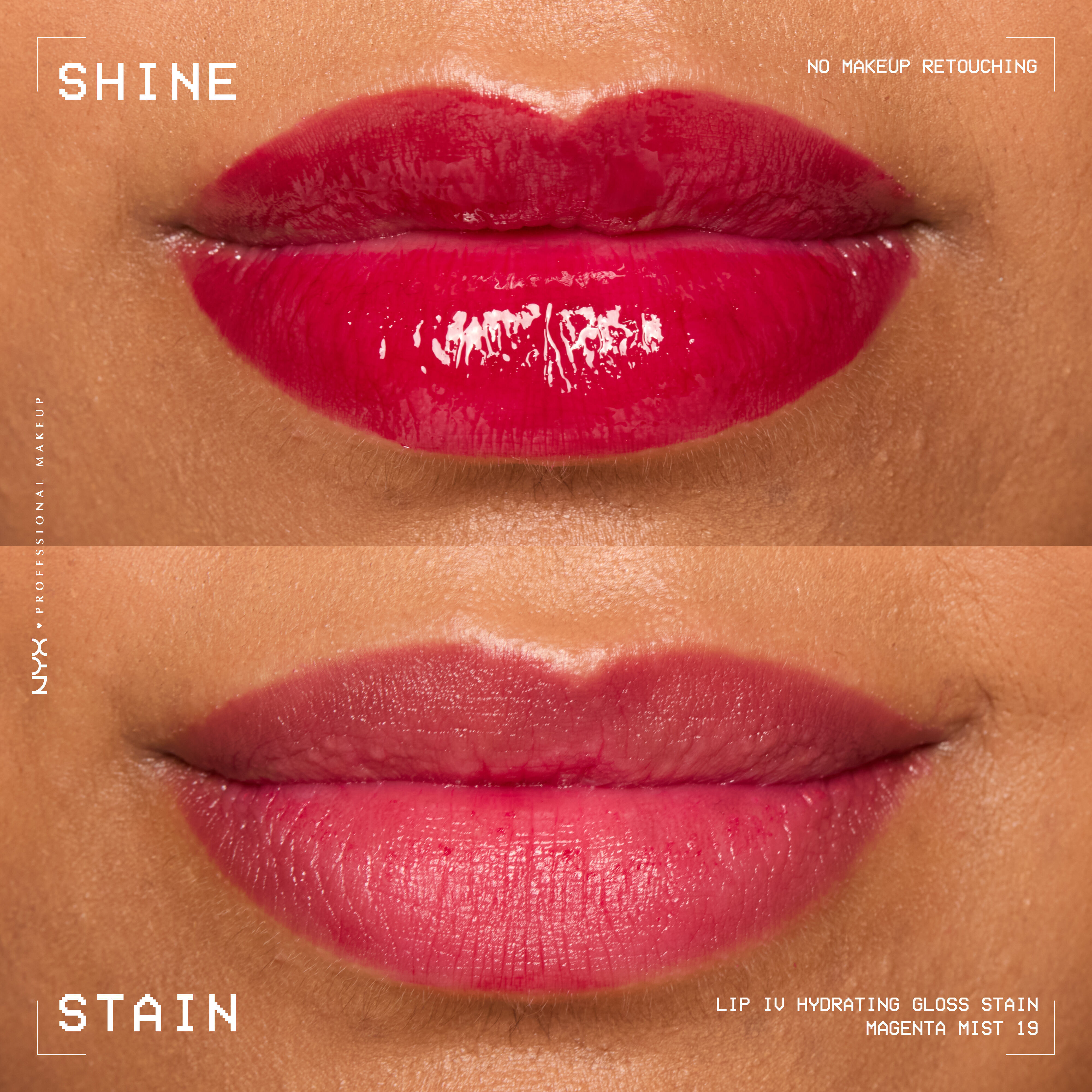 Confronto prima e dopo delle labbra con e senza la tinta labbra NYX Professional Makeup Lip IV Hydrating Gloss Stain nella tonalita 19 Magenta Mist'.