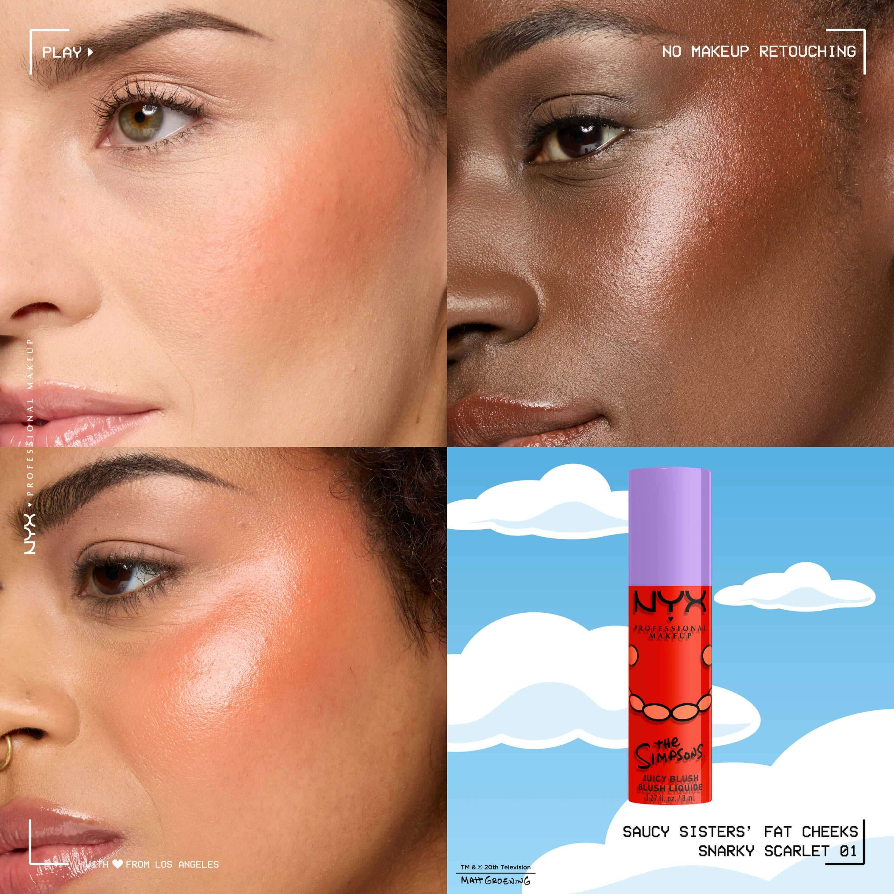 Griglia delle tonalita del blush NYX Professional Makeup The Simpsons Fat Blush che mostra gli swatch del prodotto su diverse carnagioni con packaging del prodotto, tonalita 01 Snarky Scarlet.