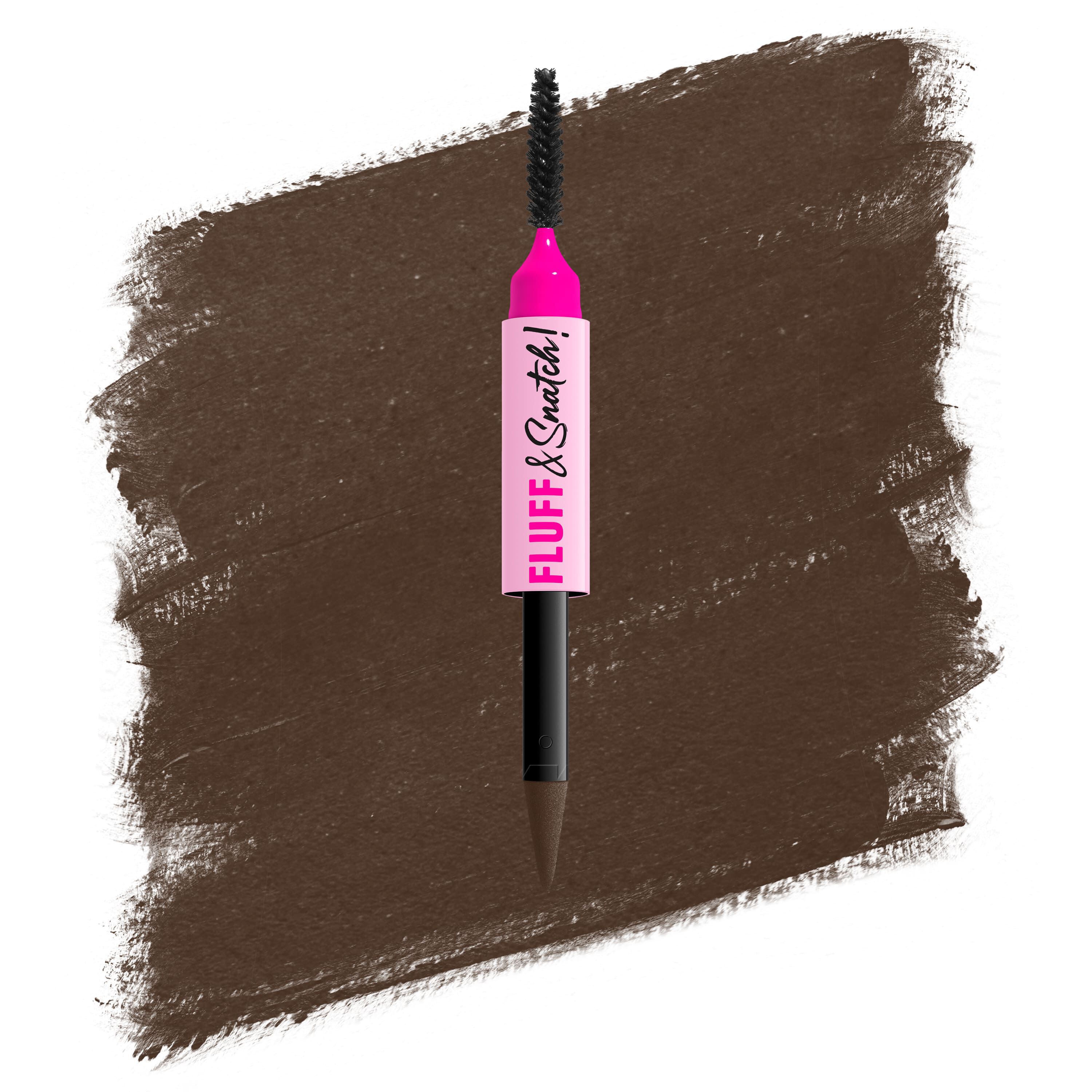 Packshot della penna per sopracciglia in polvere NYX Fluff and Snatch con swatch su sfondo bianco nella tonalita 07 Espesso