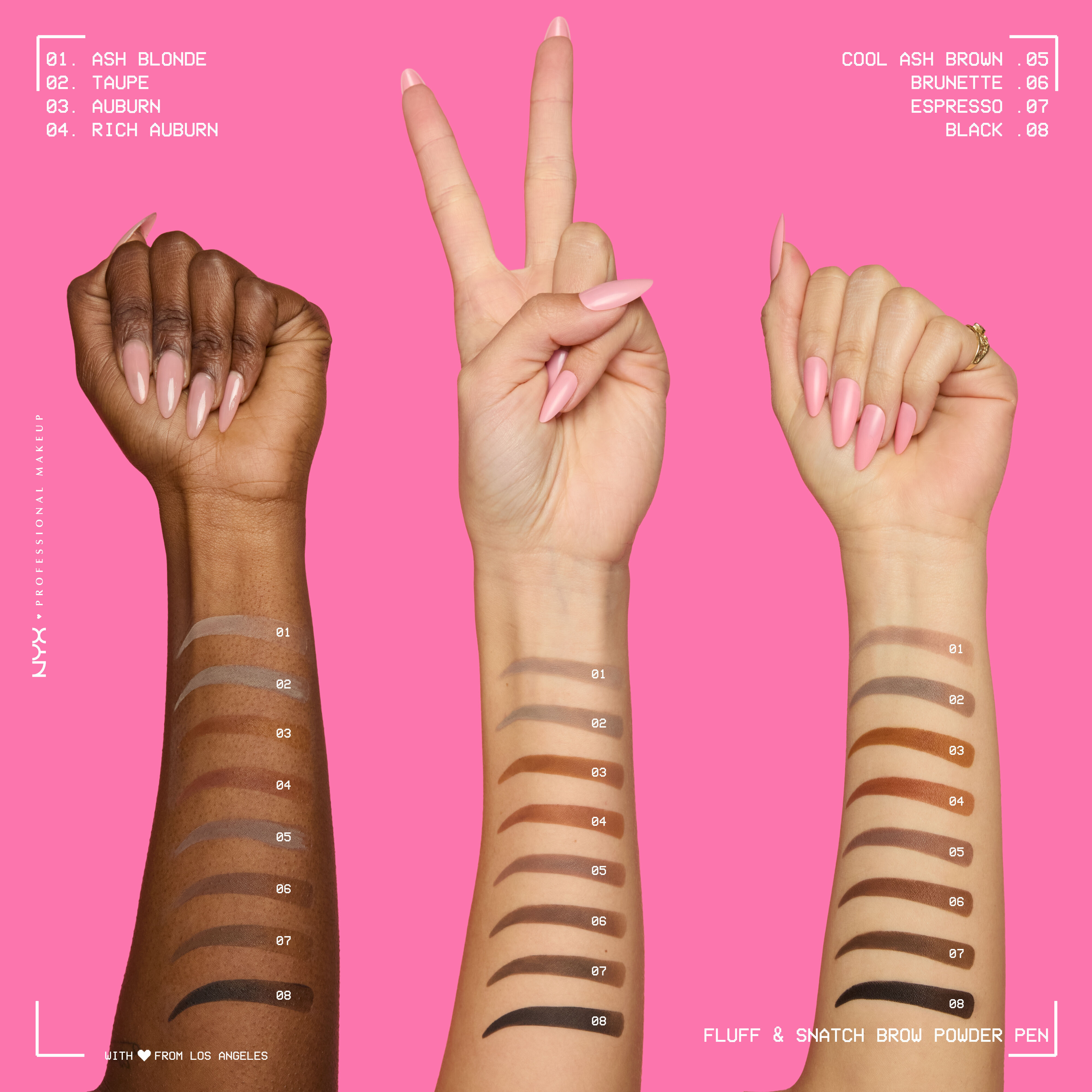 Tre braccia con diverse tonalita di pelle, ognuna delle quali mostra molteplici swatch della penna per sopracciglia in polvere NYX Fluff and Snatch.