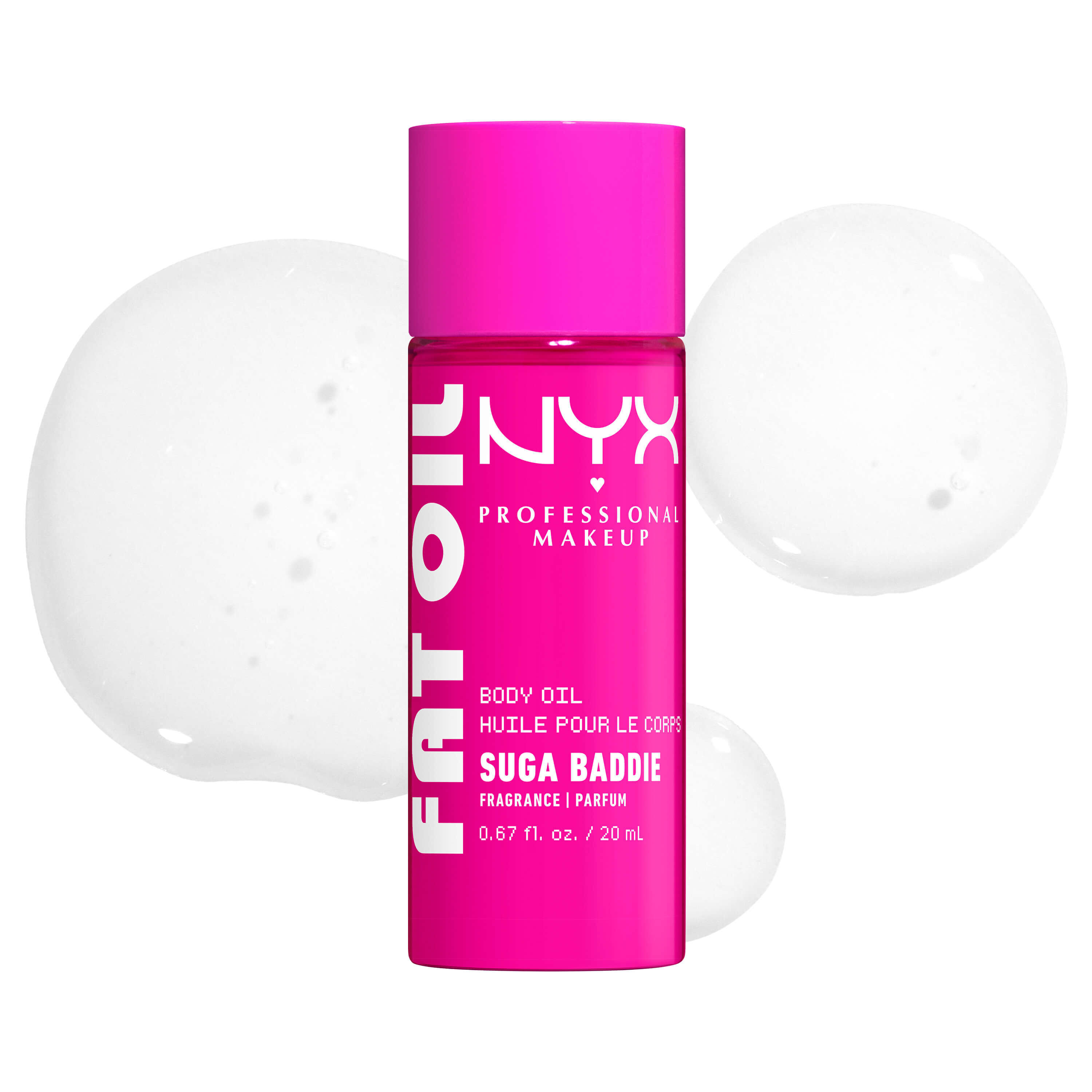 Olio corpo NYX Professional Makeup Fat Oil nella variante Suga Baddie, mostrato in un flacone rosa acceso con campioni di texture trasparente e brillante su sfondo bianco.