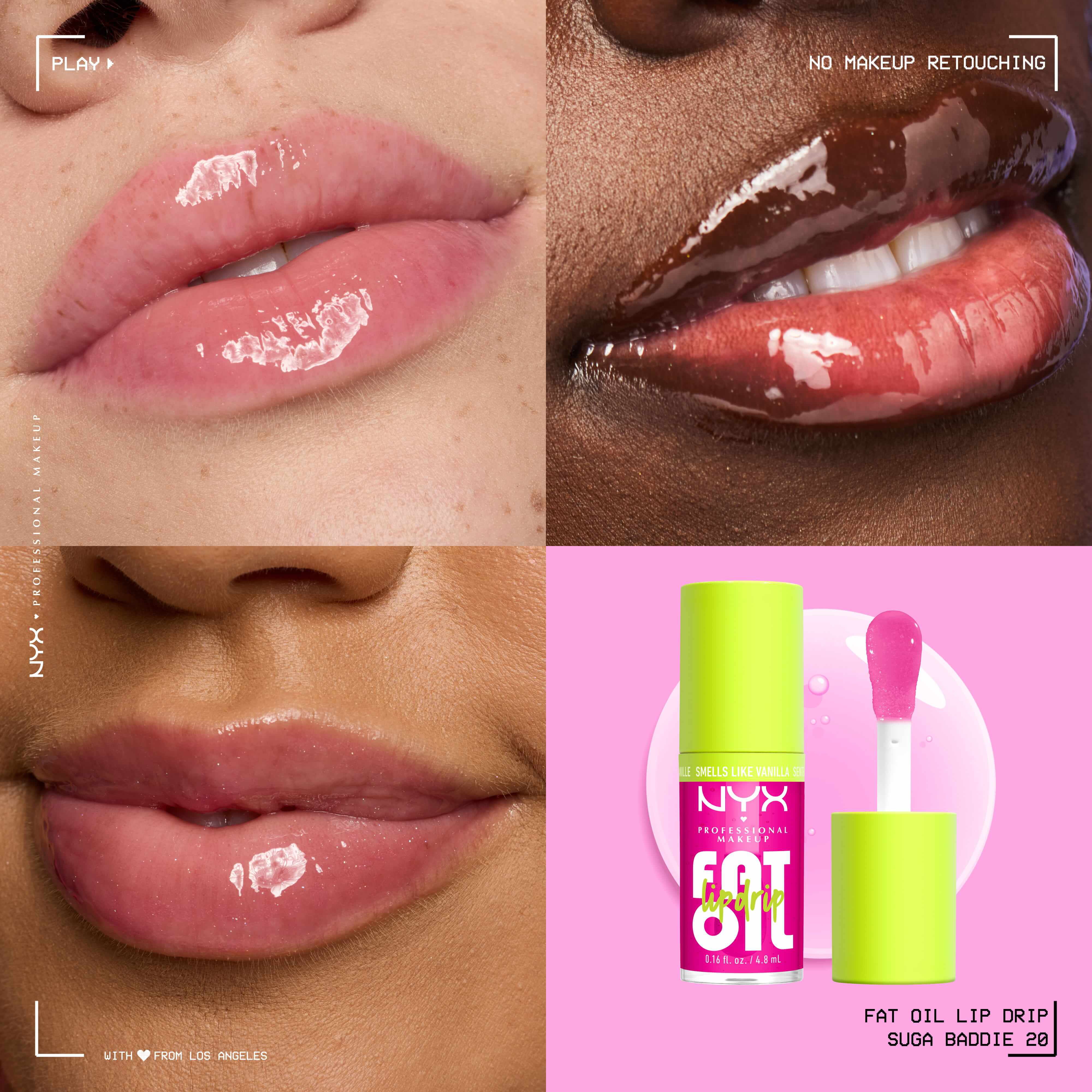 Applicazione del ucidalabbra NYX Professional Makeup Fat Oil Lip Drip (Suga Baddie): mostra l'effetto glossy su diverse carnagioni e un'immagine del prodotto contenuto nel kit labbra e corpo.