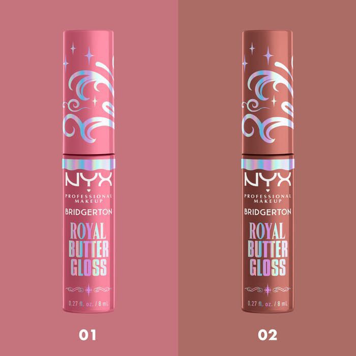 Presenta due tubetti individuali di NYX Professional Makeup Bridgerton Royal Butter Gloss etichettati '01' (un nude piu chiaro) e '02' (una tonalita marrone piu profonda), mostrando le differenze.