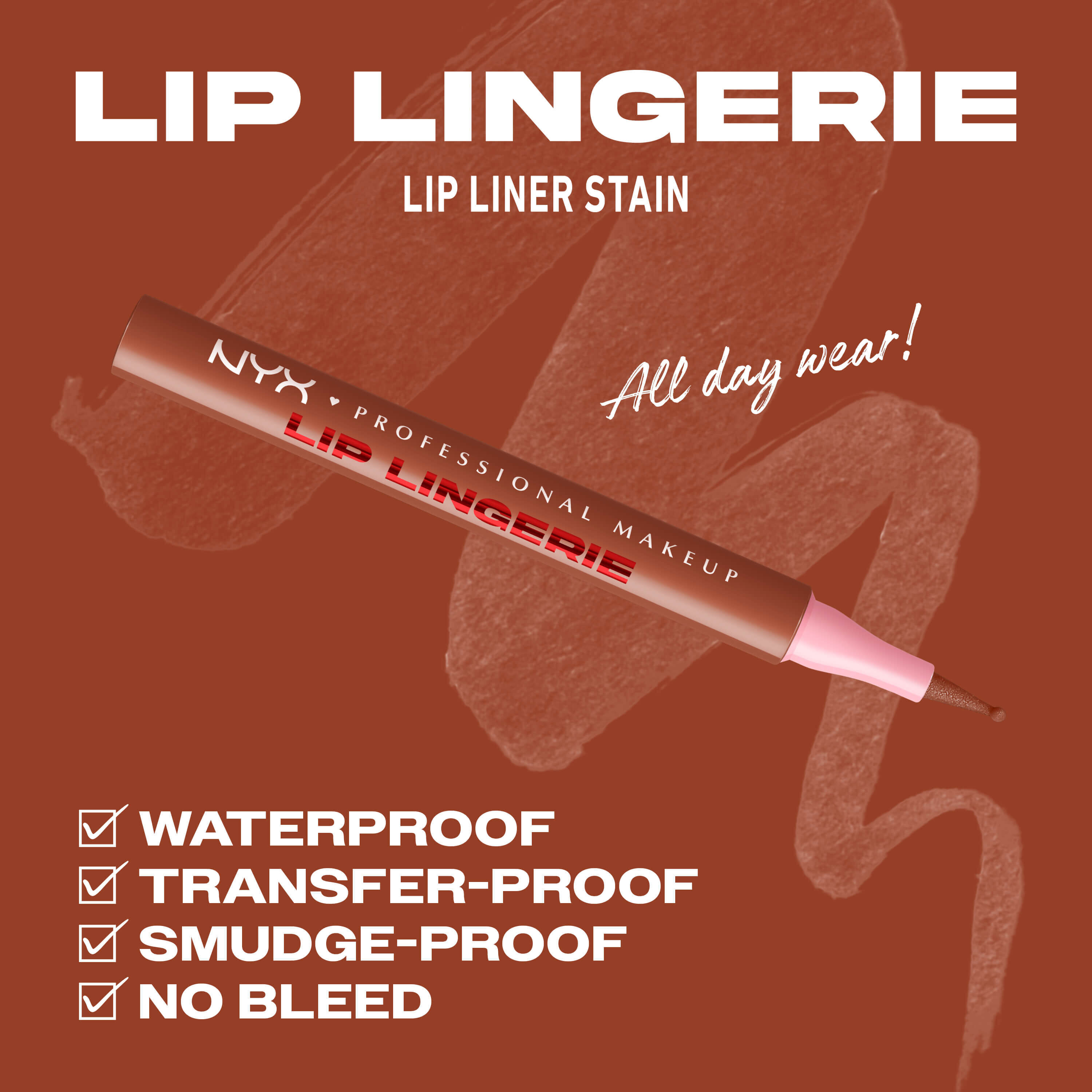 Matita labbra NYX Professional Makeup Lip Lingerie Lip Liner Stain n. 02 Naughty Nude presentata con i benefici waterproof, no-transfer, anti-sbavatura su sfondo nude caldo.