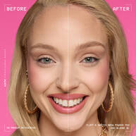 Modella mostrata prima e dopo l'utilizzo della penna per sopracciglia in polvere NYX Fluff and Snatch su sfondo rosa nella tonalita 01 Ash Blonde