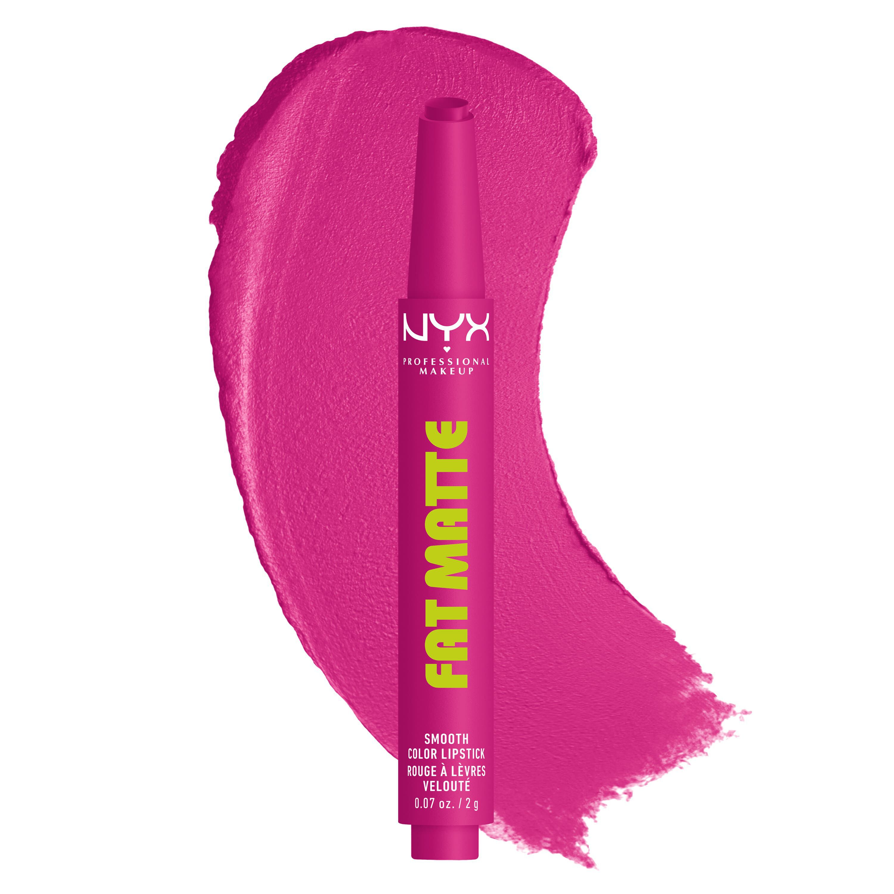 Packshot del rossetto NYX Professional Makeup Fat Matte Smooth Color con uno swatch texturizzato dietro il prodotto nella tonalita 13 Fluffy Fuchsia