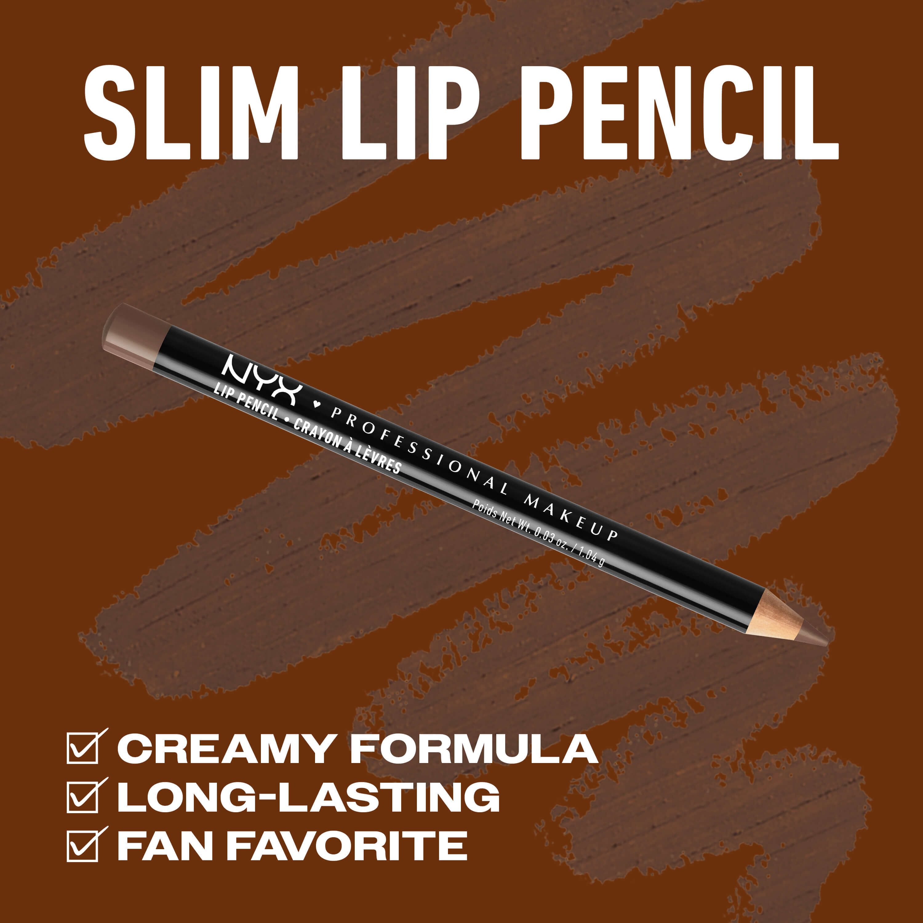 NYX Professional Makeup Slim Lip Pencil nella tonalita 820 Espresso mostrato con formula cremosa, lunga tenuta e benefici da prodotto cult (fan favorite) su uno sfondo marrone.