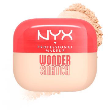 Confezione di cipria in polvere libera NYX Professional Makeup Wonder Snatch, con tappo rosso corallo e base beige, circondata da polvere chiara.