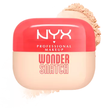 Confezione di cipria in polvere libera NYX Professional Makeup Wonder Snatch, con tappo rosso corallo e base beige, circondata da polvere chiara.