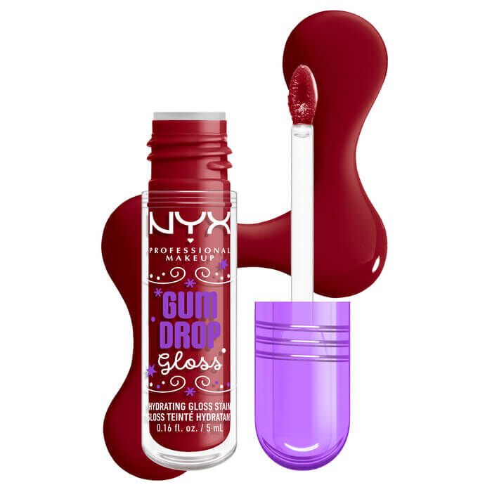Flacone di NYX Professional Makeup Gum Drop Gloss & Stain mostrato con applicatore aperto e uno swatch dalla texture effetto caramella rossa accanto, nella tonalita 02 Bubblegum Burst.