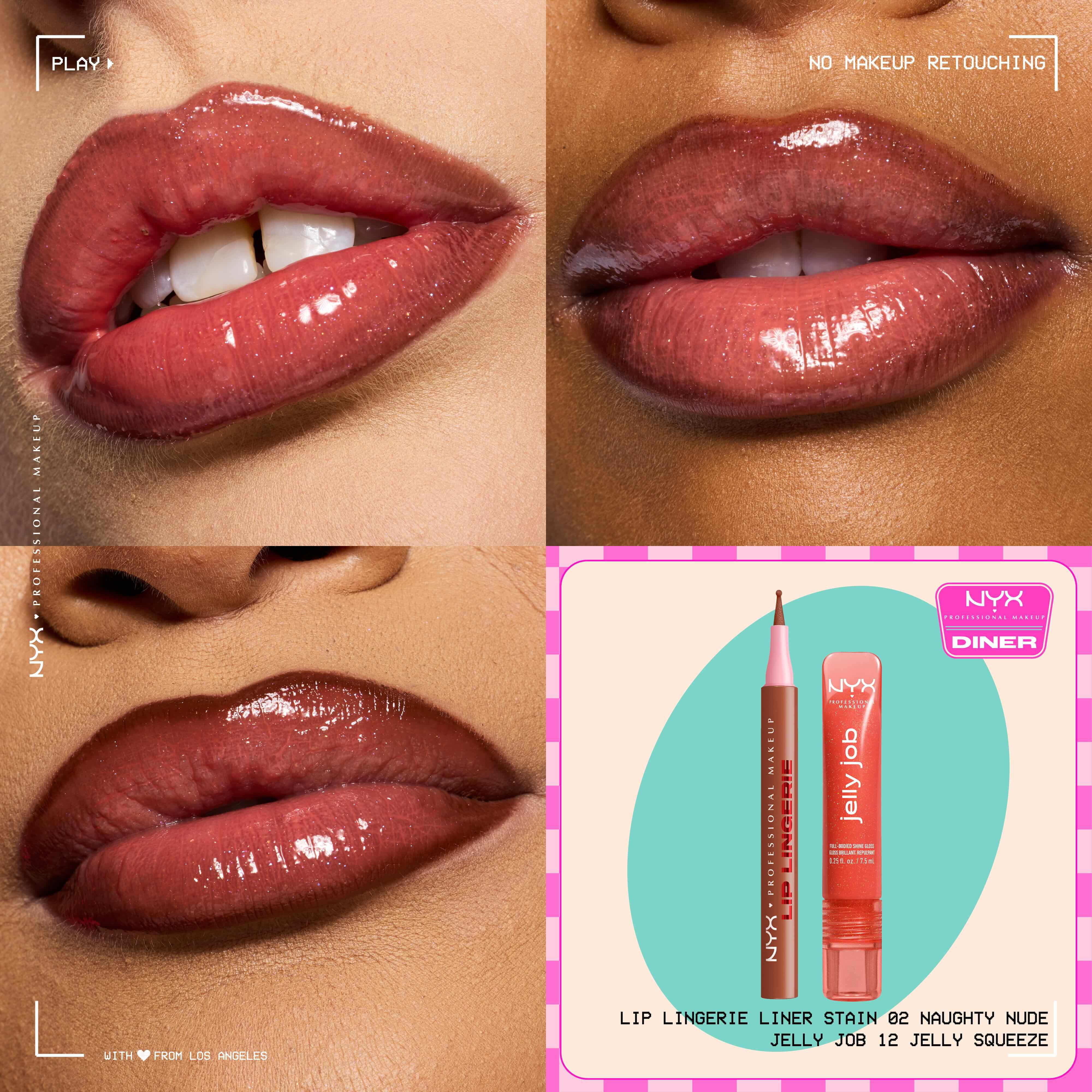 Matita labbra NYX Professional Makeup Lip Lingerie Lip Liner Stain n. 02 Naughty Nude e gloss Jelly Job Full Bodied Shine Gloss n. 12 Jelly Squeeze mostrati su tre primi piani labbra con un piccolo packshot del duo di prodotti.