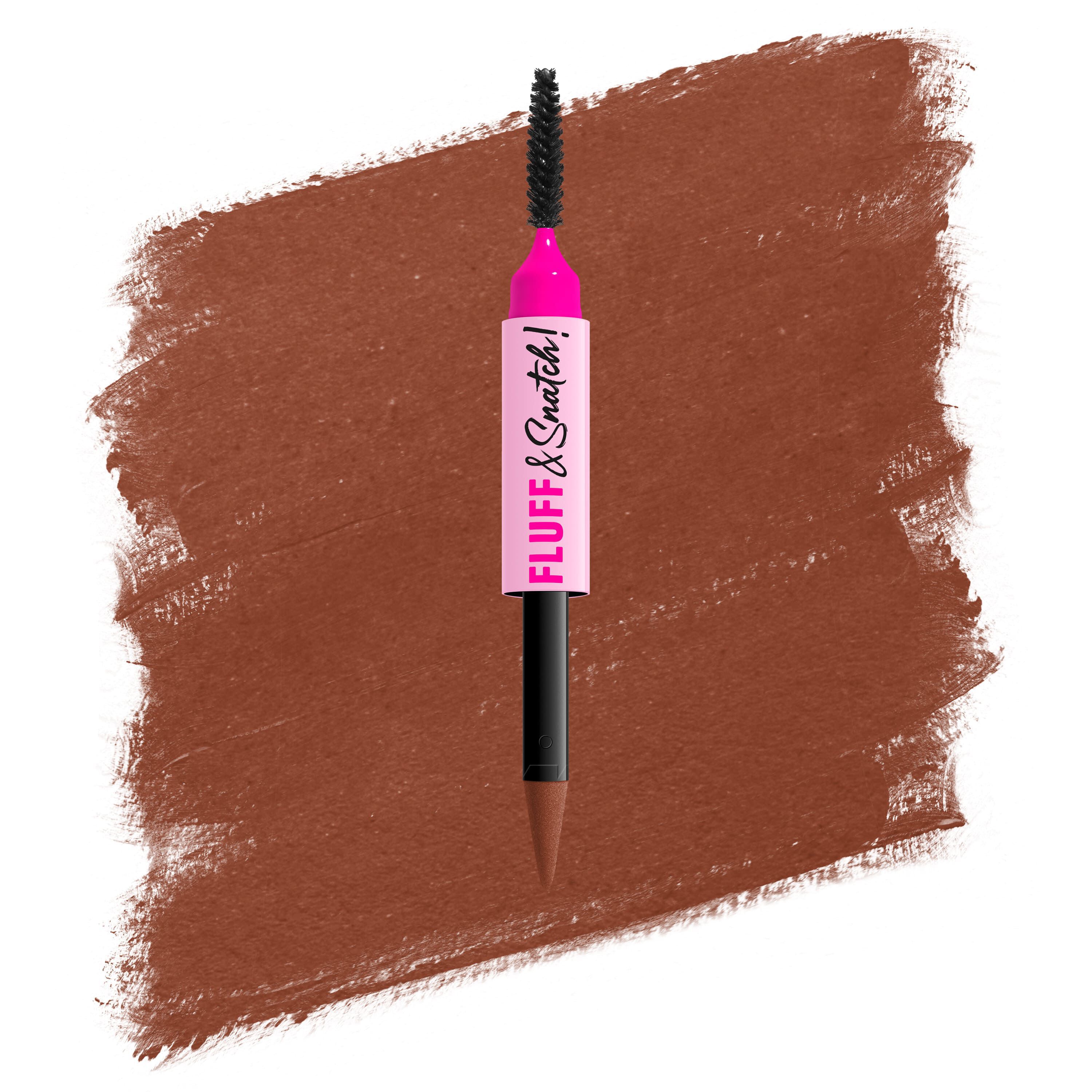 Packshot della penna per sopracciglia in polvere NYX Fluff and Snatch con swatch su sfondo bianco nella tonalita 03 Auburn