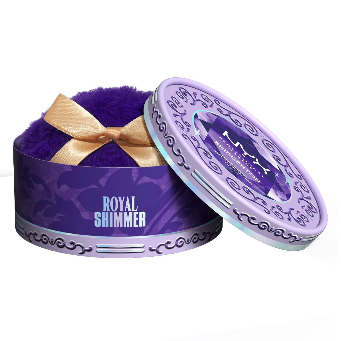 Scatola NYX Professional Makeup Bridgerton Royal Shimmer Skin Illuminating Puff aperta, che mostra il piumino viola con fiocco dorato e la cipria illuminante in polvere sfusa, visualizzata su uno sfondo bianco