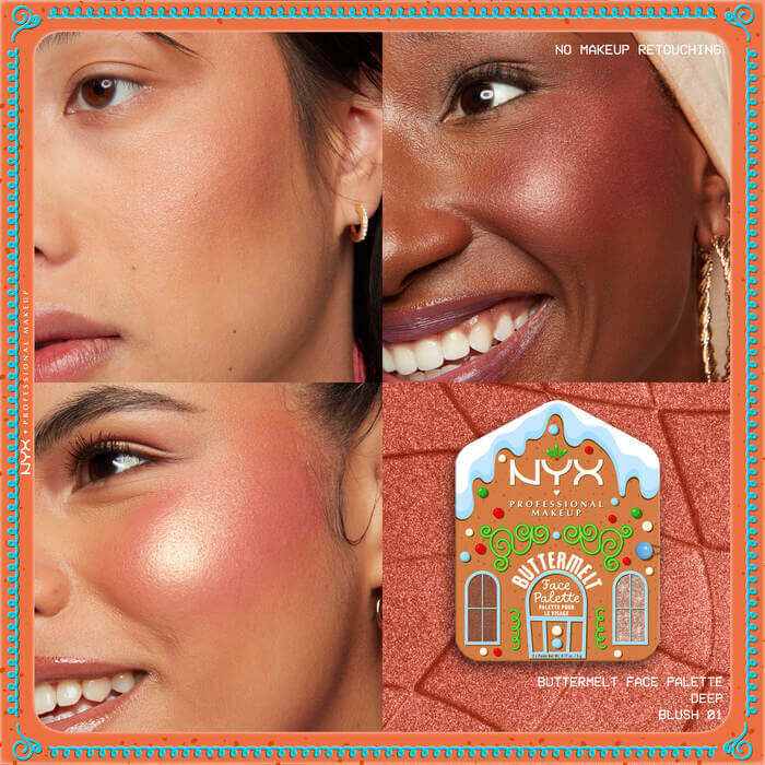 Presenta una griglia di quattro immagini ravvicinate di modelle che indossano blush/illuminante, insieme a un’immagine della "Buttermelt Face Palette" nella tonalita 02 Deep.