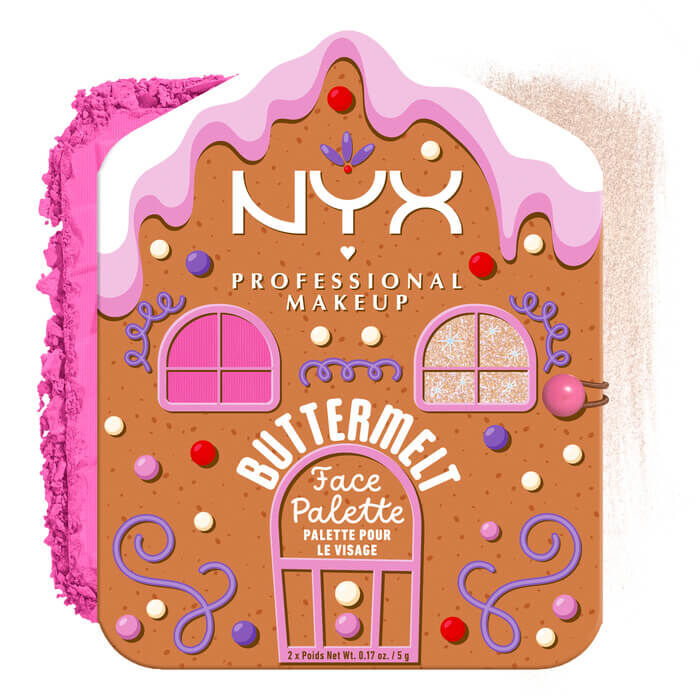 Mostra una singola "Buttermelt Face Palette" (una casetta di pan di zenzero) accanto a uno swatch dei suoi contenuti nella tonalita 01 Light/Medium.