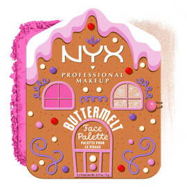 Mostra una singola "Buttermelt Face Palette" (una casetta di pan di zenzero) accanto a uno swatch dei suoi contenuti nella tonalita 01 Light/Medium.