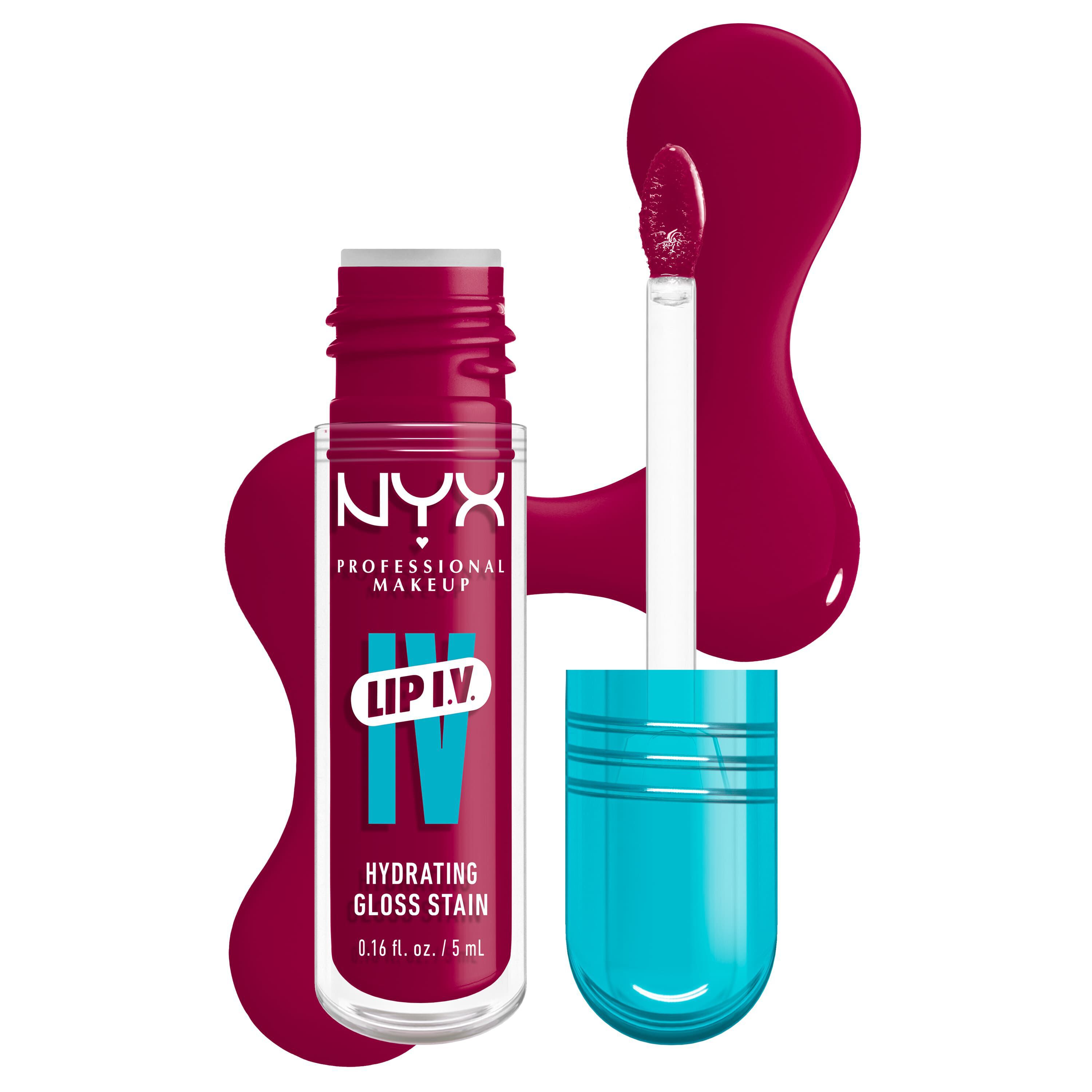 Packshot della tinta labbra idratante NYX Professional Makeup Lip IV Hydrating Gloss Stain con applicatore e swatch di prodotto su sfondo bianco nella tonalita 19 Magenta Mist'.