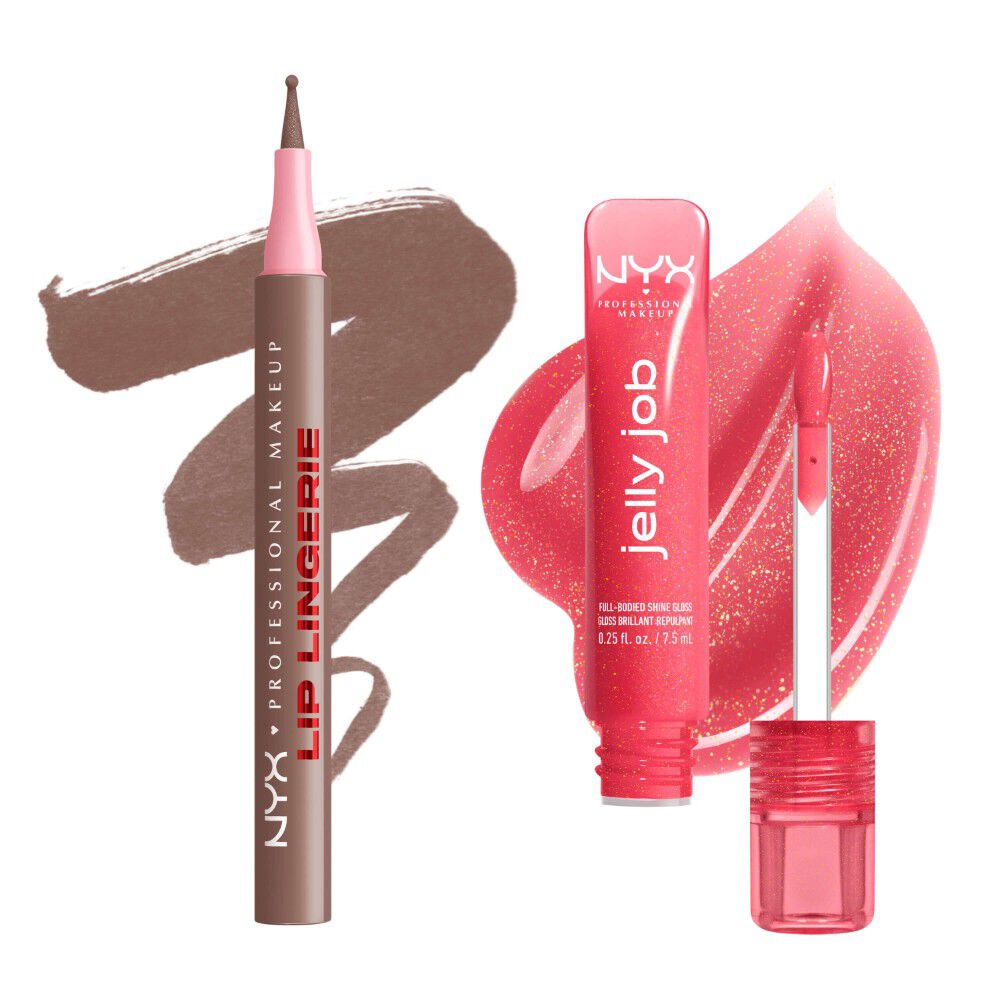 NYX Professional Makeup Lip Lingerie Lip Liner Stain nella tonalita 05 Lip Lock e Jelly Job Full Bodied Shine Gloss nella tonalita 08 Jelly Kiss’d mostrati con swatches labbra abbinati su uno sfondo bianco.