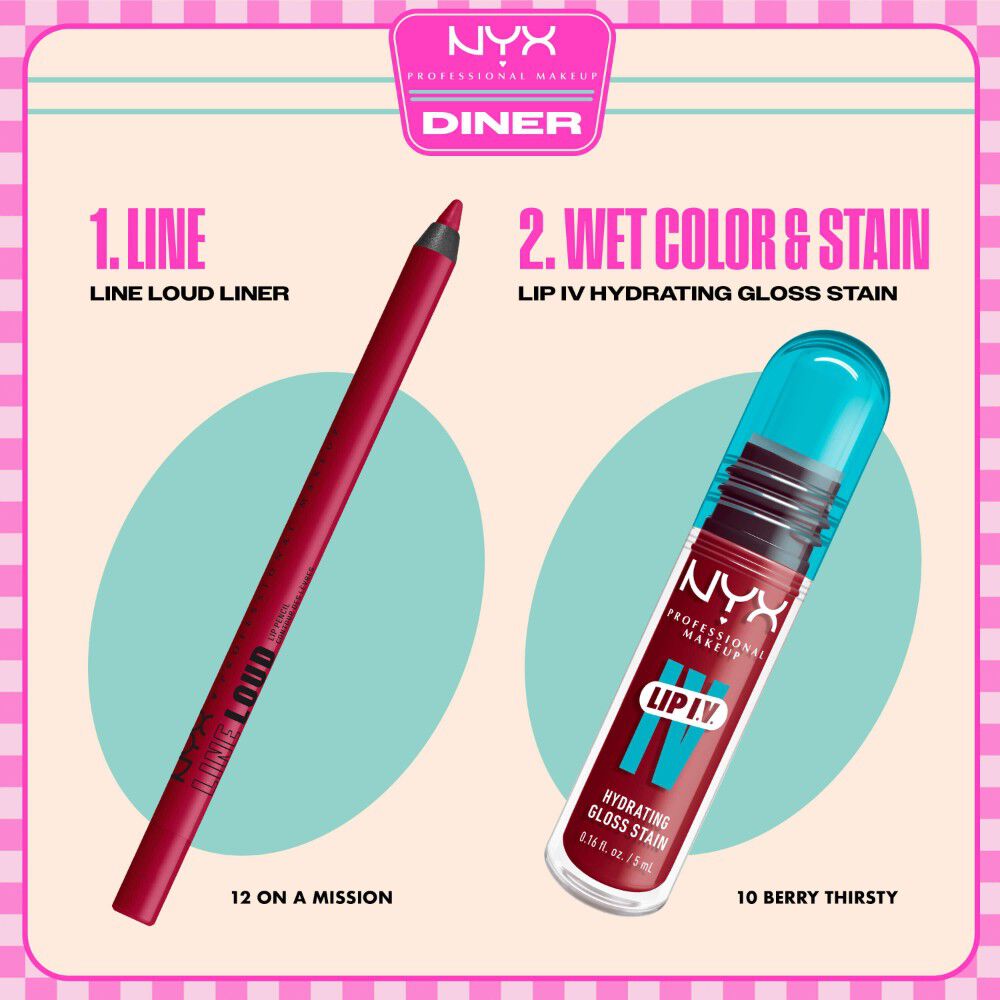NYX Professional Makeup Line Loud Lip Liner nella tonalita 12 On A Mission e Lip I.V. Hydrating Lip Gloss Stain mostrati come routine labbra in due step.