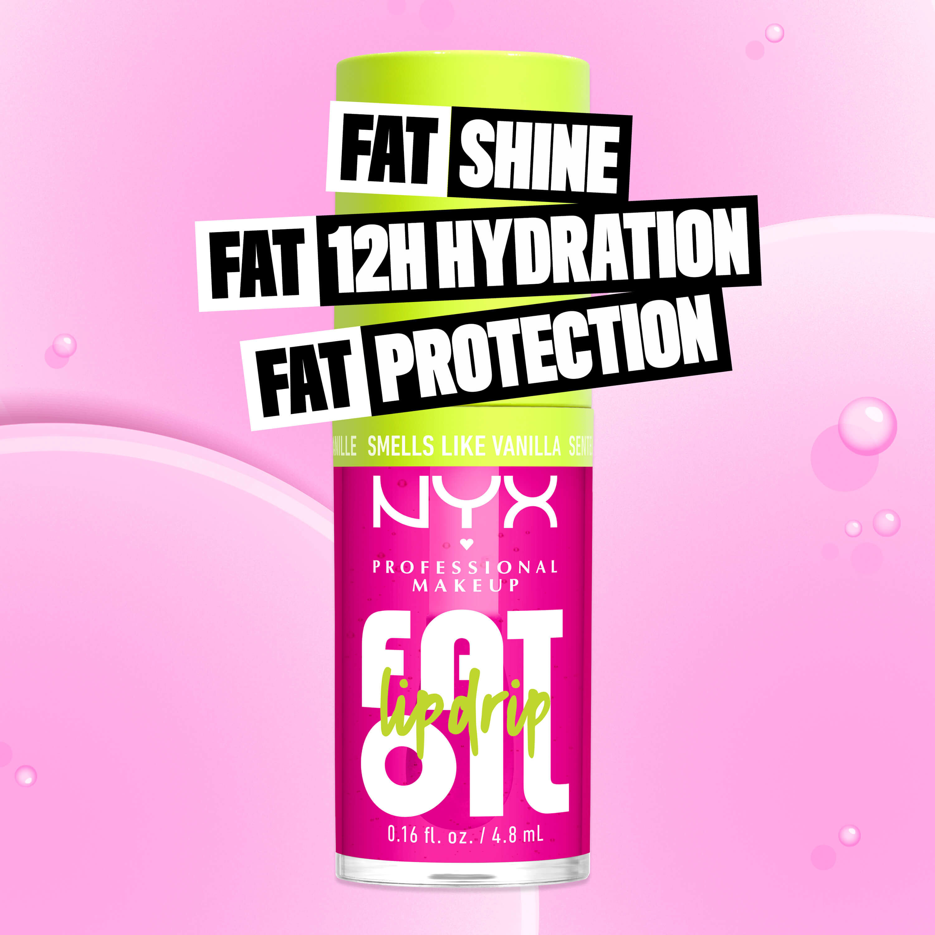 Mini olio corpo NYX Professional Makeup Fat Oil (Suga Baddie) dal kit labbra e corpo, con testo che evidenzia lucentezza, 12 ore di idratazione e protezione della pelle.