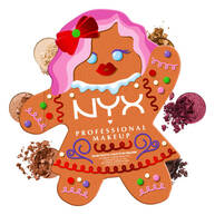 Mostra la NYX Professional Makeup Holiday Gingerbaddie Palette chiusa, circondata da colori di ombretto sciolti sparsi, nelle tonalita presenti nella palette.
